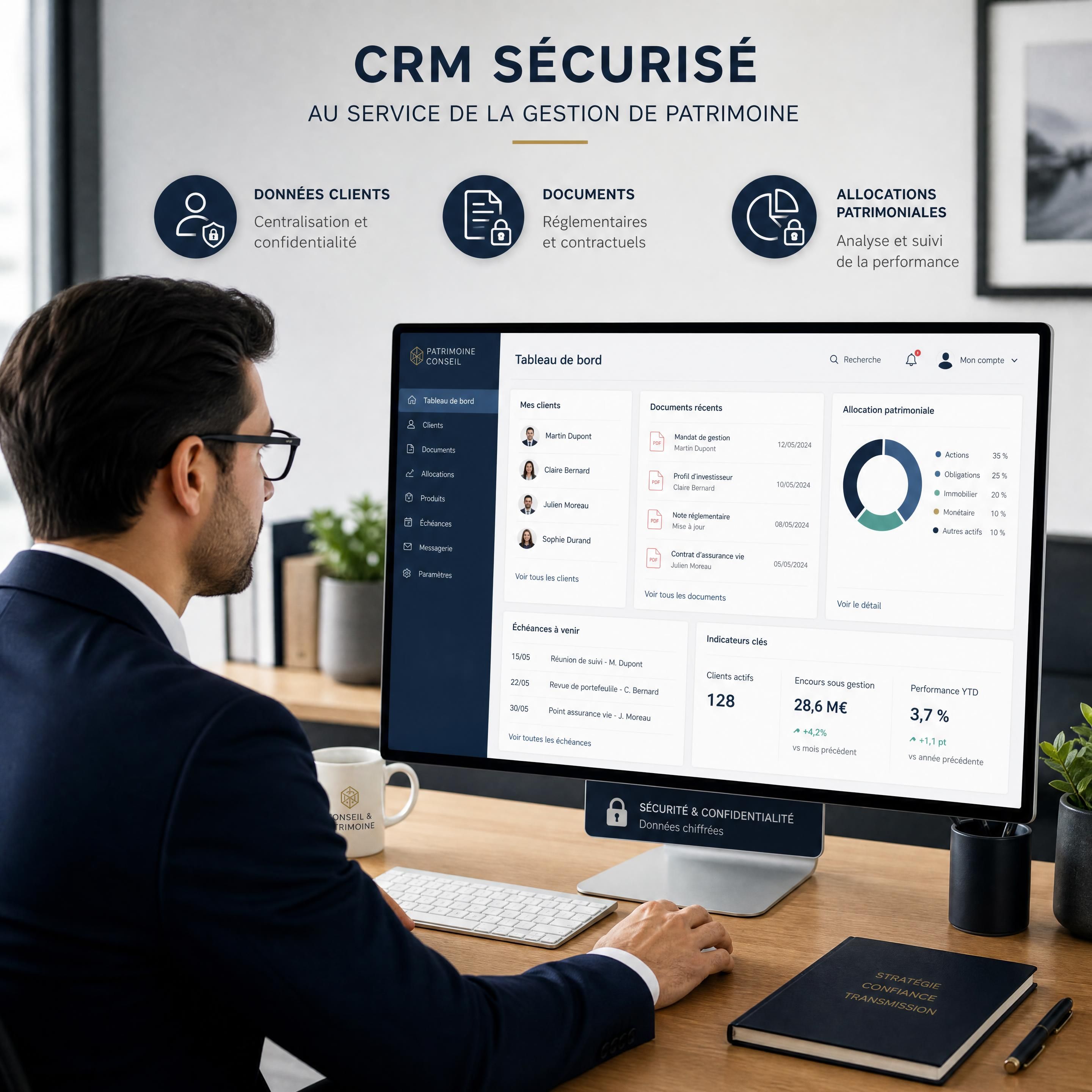 Conseiller en gestion de patrimoine utilisant un CRM sécurisé pour centraliser les données clients, documents réglementaires et allocations patrimoniales