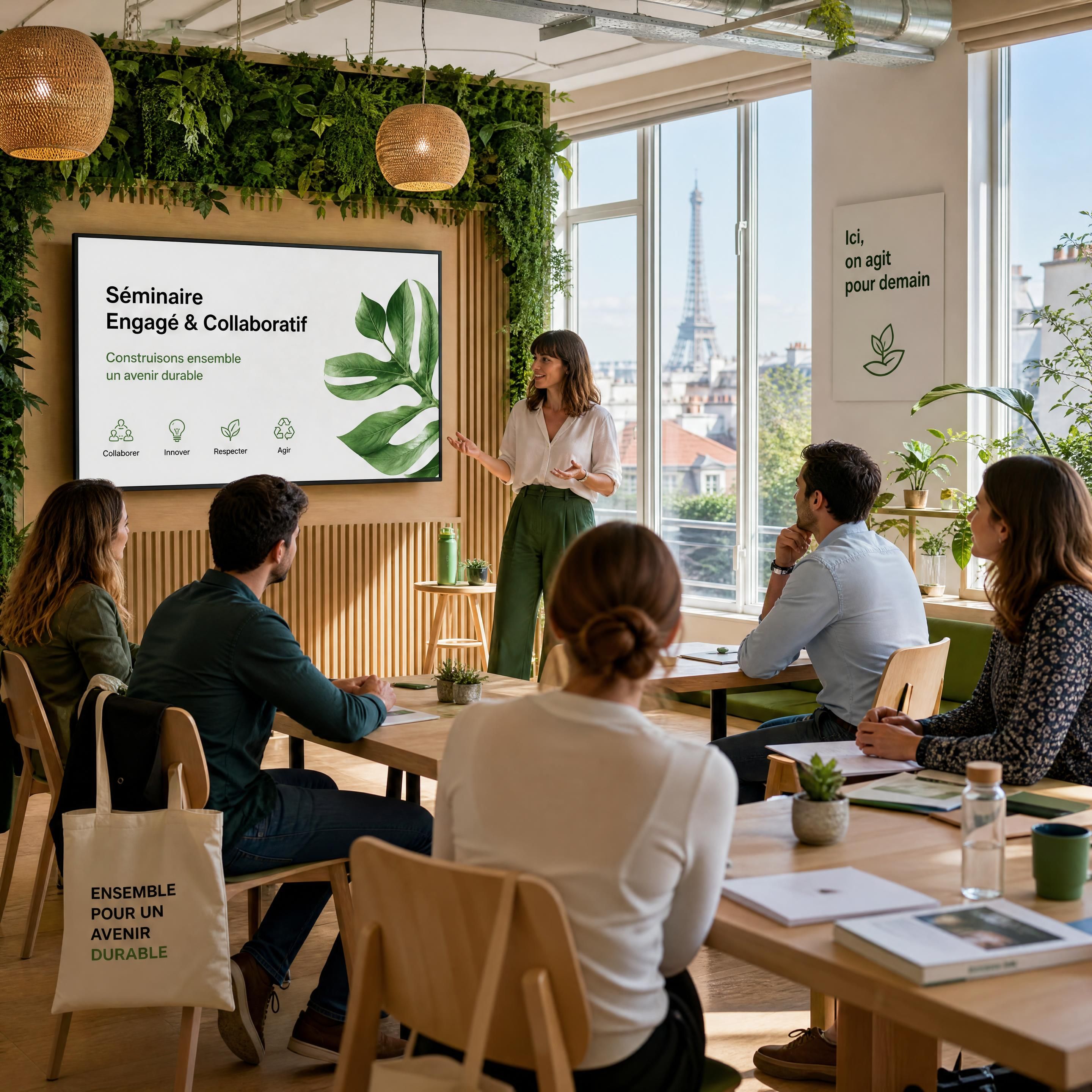 Un séminaire d'entreprise collaboratif et éco-responsable dans une salle lumineuse et végétalisée à Paris