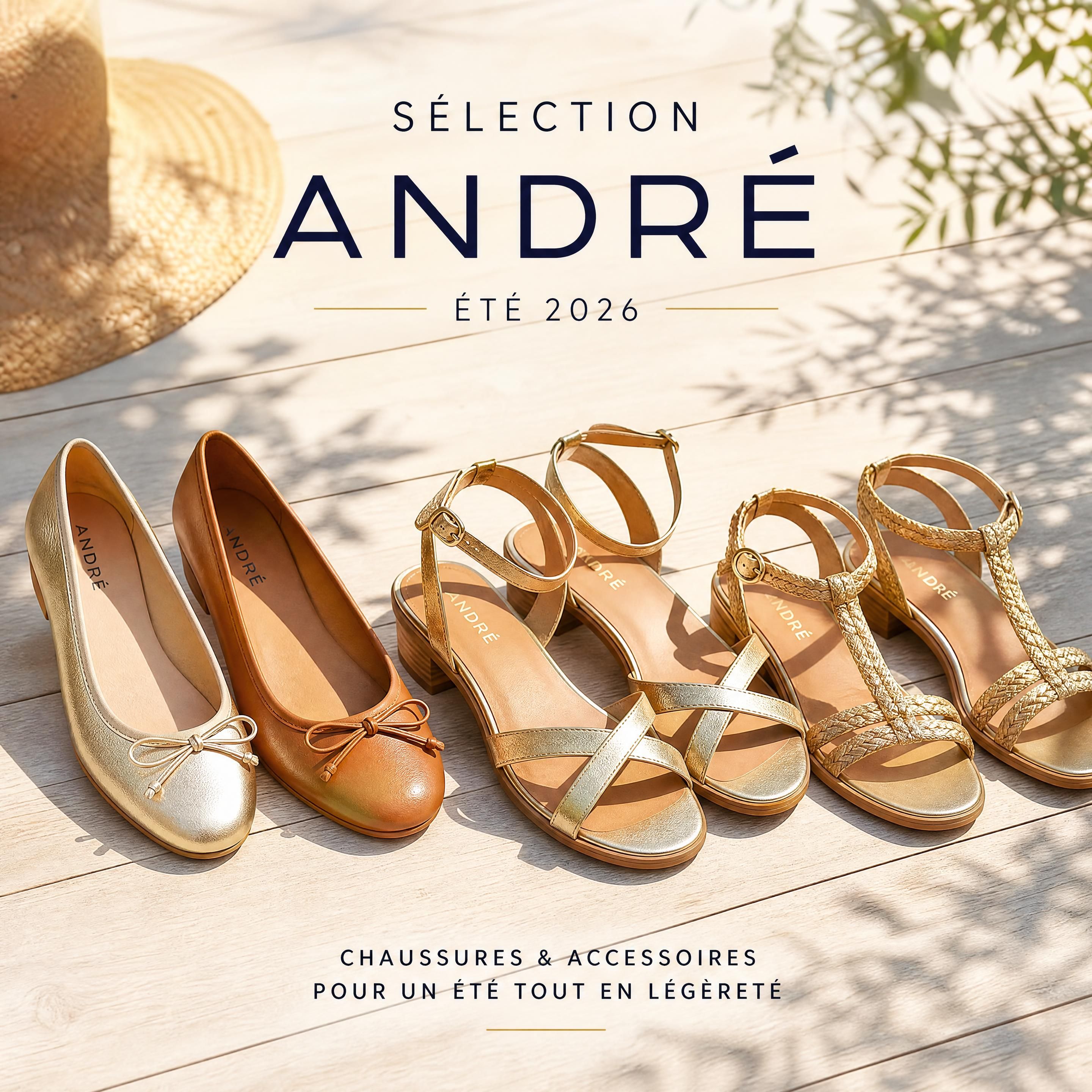 Sélection de chaussures été André 2026 posées sur un fond ensoleillé en bois clair, incluant des ballerines en cuir et des sandales dorées