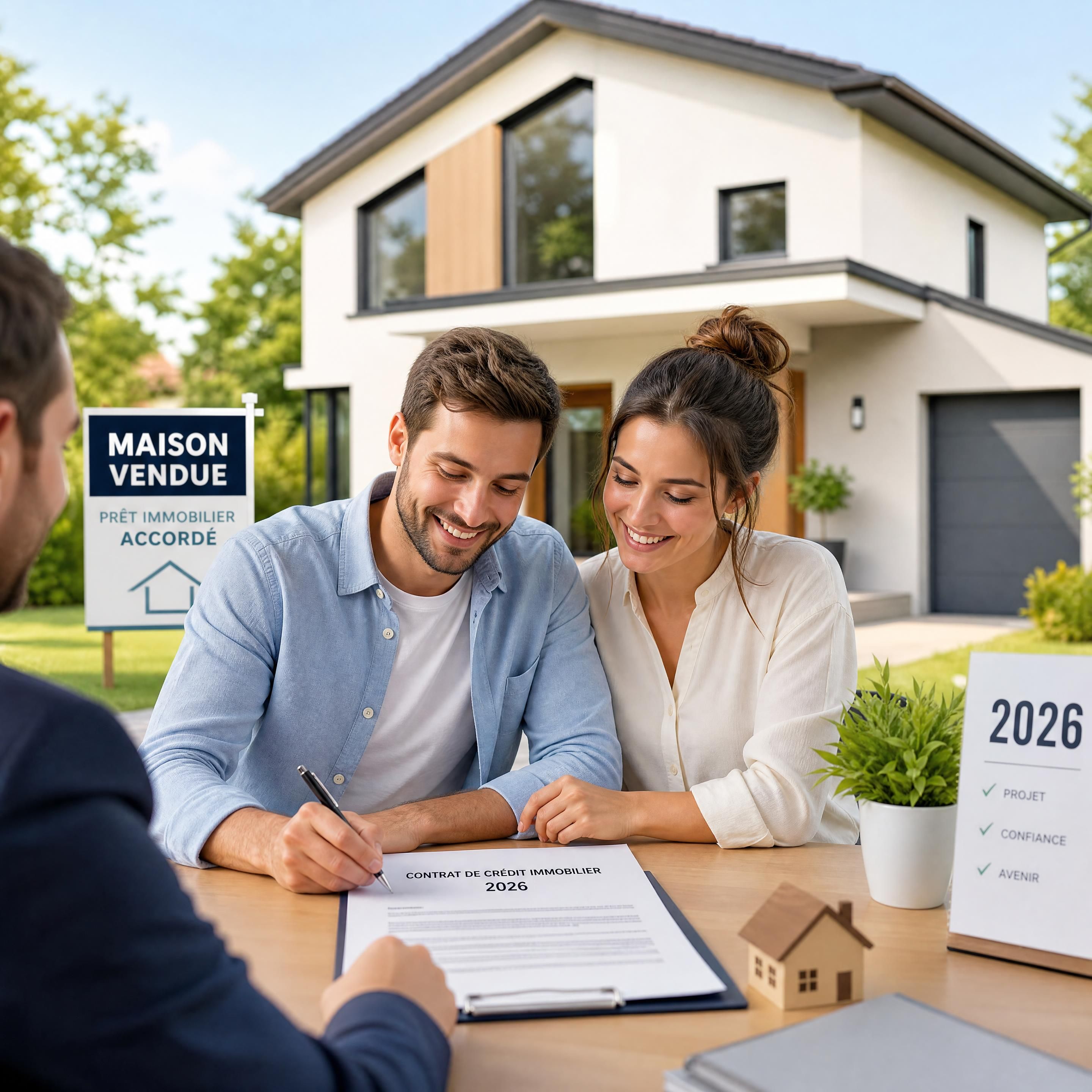 Un jeune couple de futurs propriétaires souriants signant un contrat de crédit immobilier en 2026 devant leur nouvelle maison individuelle