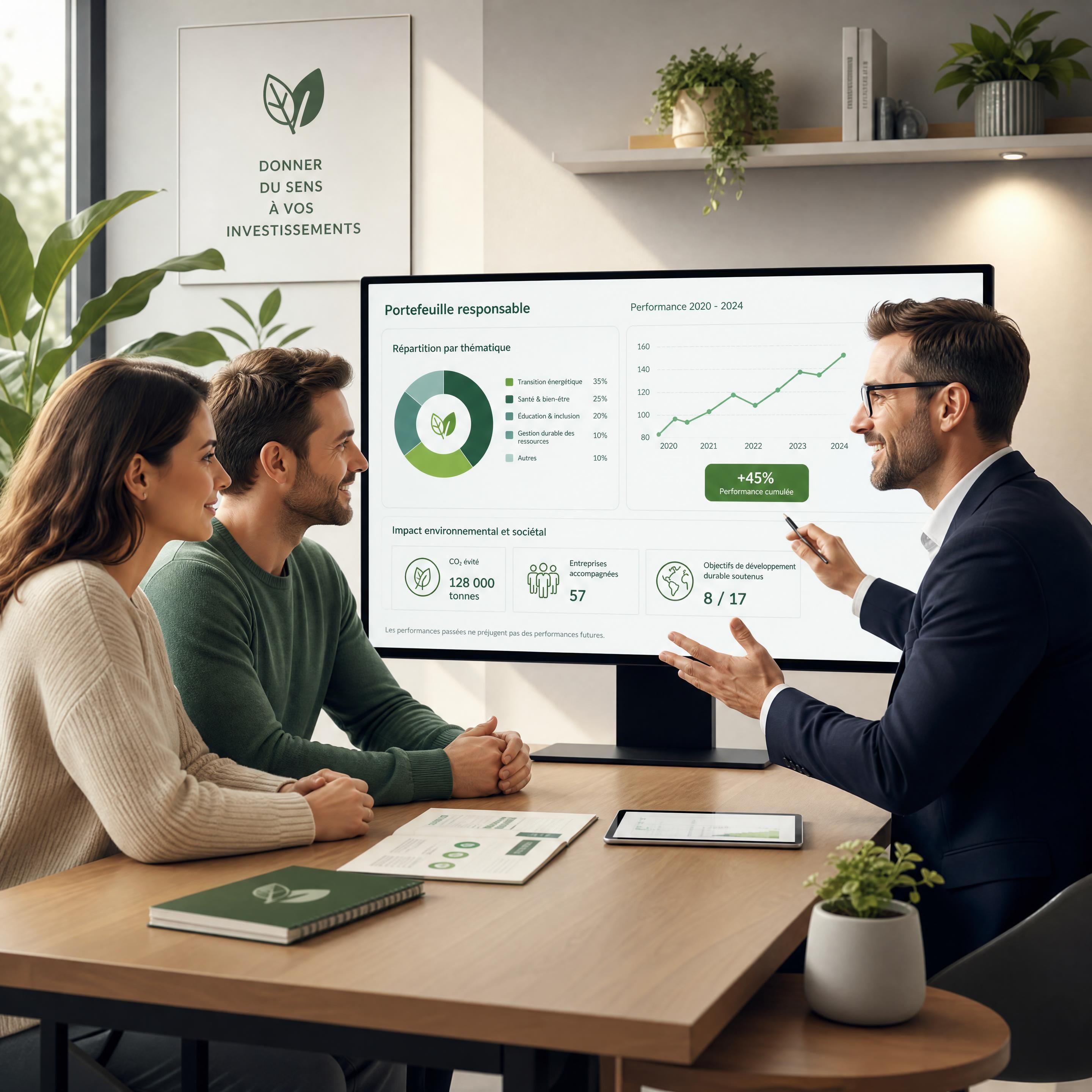 Illustration conceptuelle de la gestion de patrimoine éthique et numérique, montrant un conseiller en gestion de patrimoine interagissant avec bienveillance avec un couple de clients devant un écran affichant des graphiques d'investissements responsables et durables