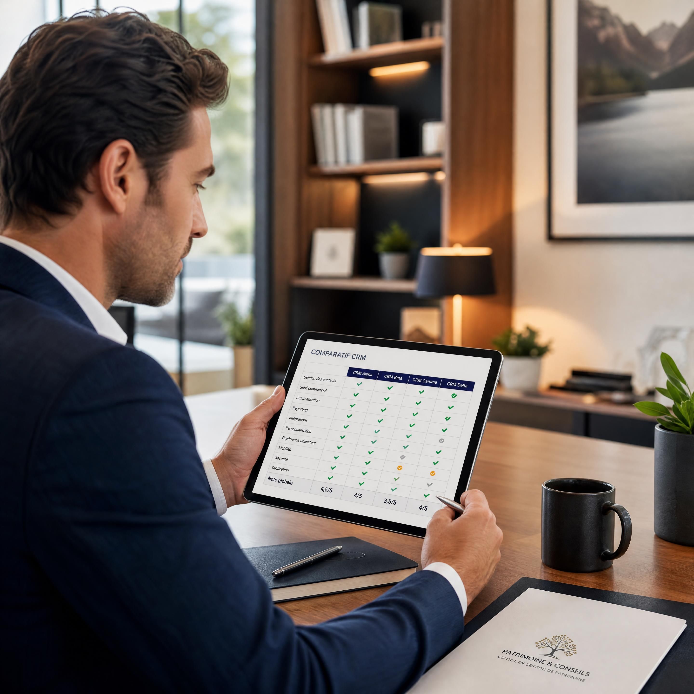 Un Conseiller en Gestion de Patrimoine analysant un tableau comparatif de logiciels CRM sur sa tablette dans un bureau moderne et chaleureux