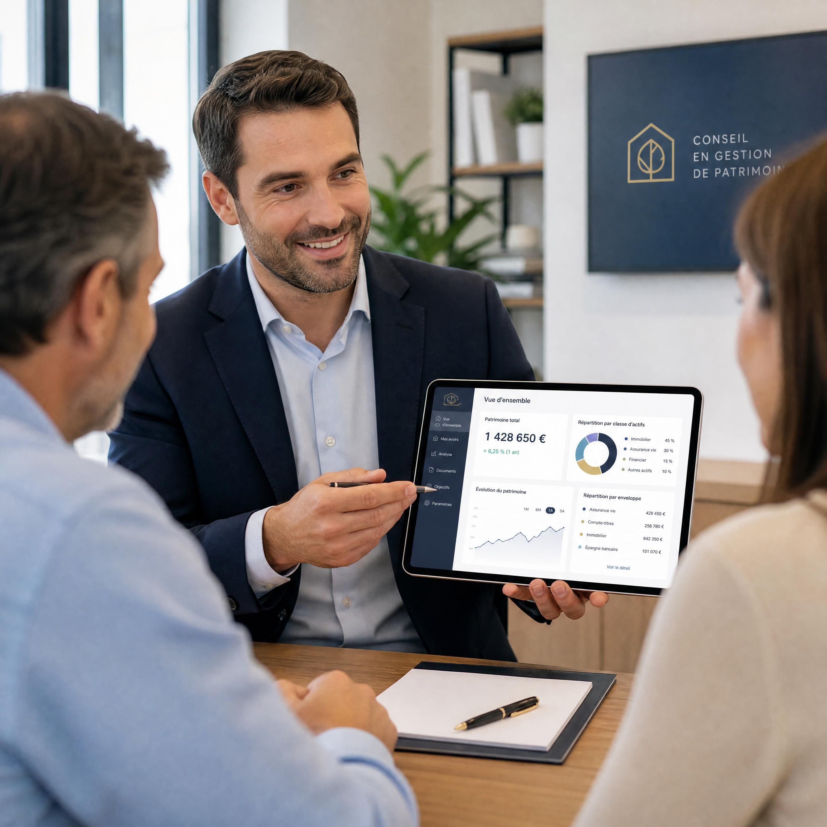 Un conseiller en gestion de patrimoine souriant présentant un tableau de bord d'agrégation de patrimoine sur sa tablette lors d'un rendez-vous client