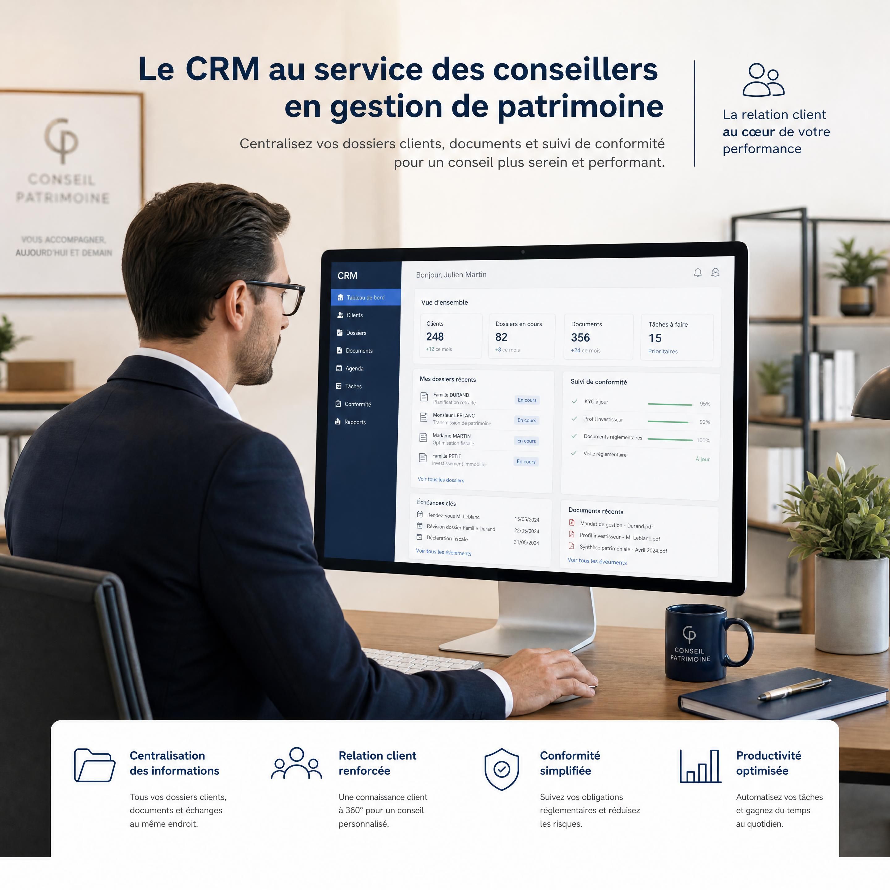 Conseiller en gestion de patrimoine utilisant un CRM pour centraliser les dossiers clients, documents et suivi de conformité