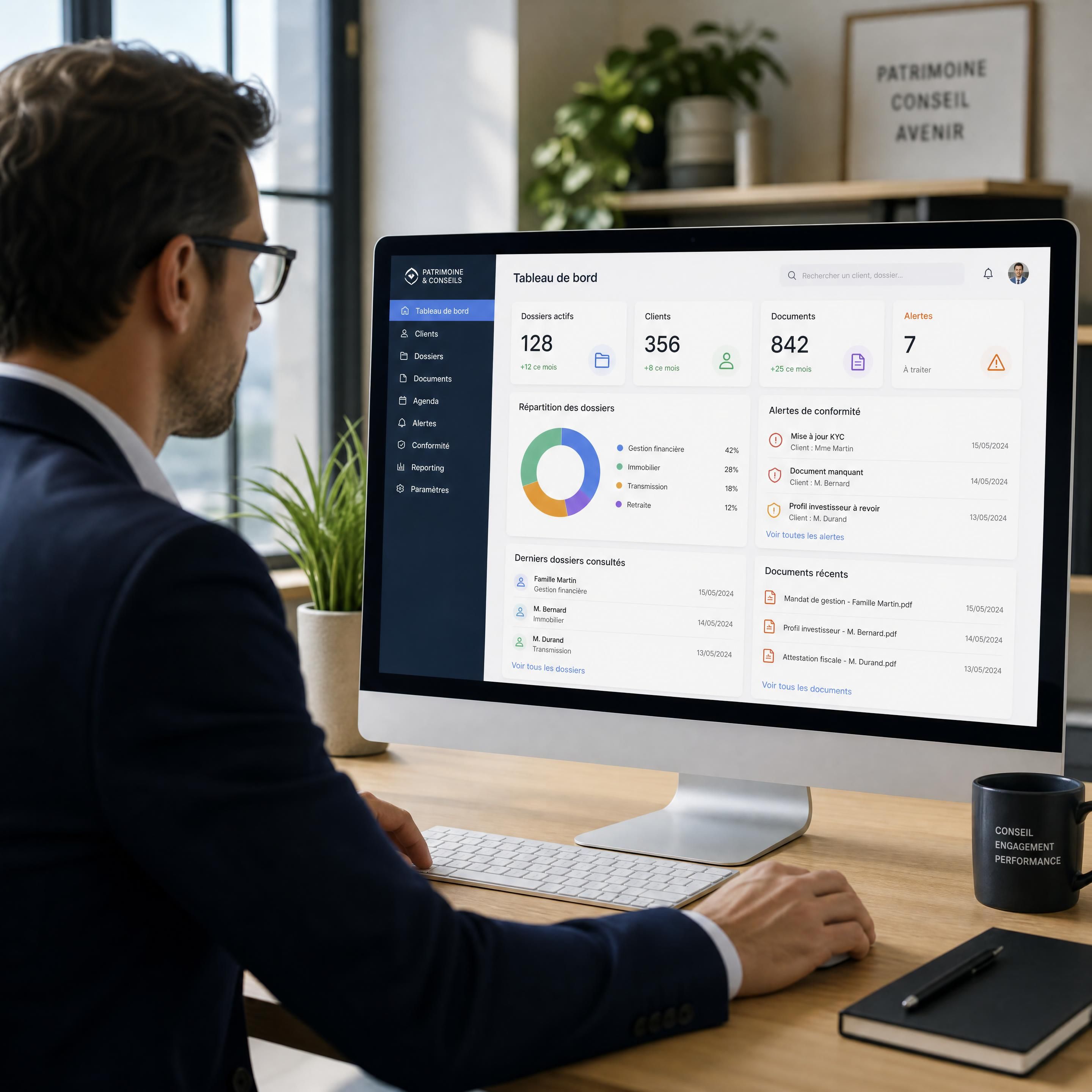 Conseiller en gestion de patrimoine analysant un tableau de bord CRM centralisant dossiers clients, documents et alertes de conformité