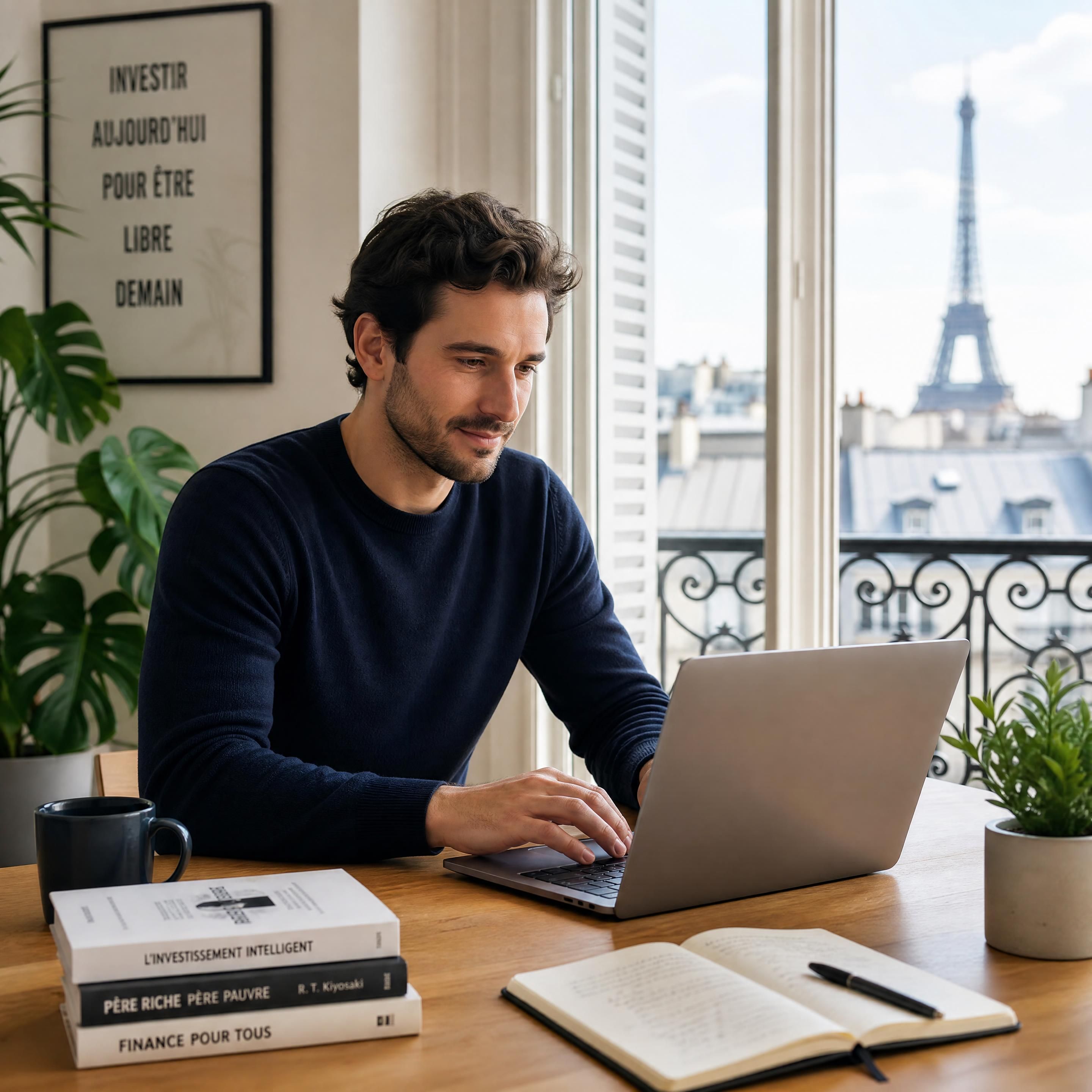Un jeune professionnel trentenaire assis dans un appartement lumineux à Paris, planifiant ses investissements financiers sur son ordinateur portable