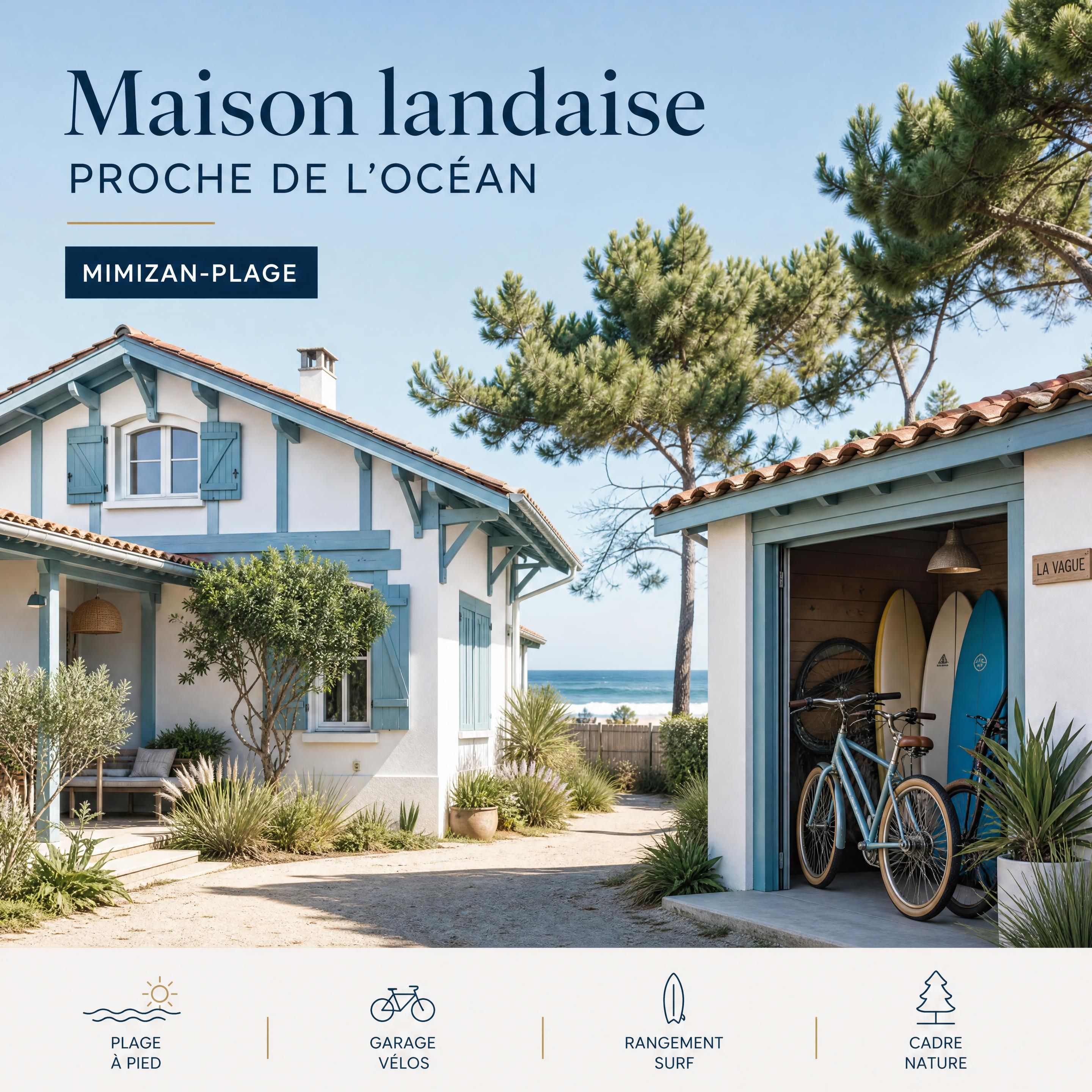 Maison landaise proche de l’océan avec garage à vélos et planches de surf à Mimizan-Plage