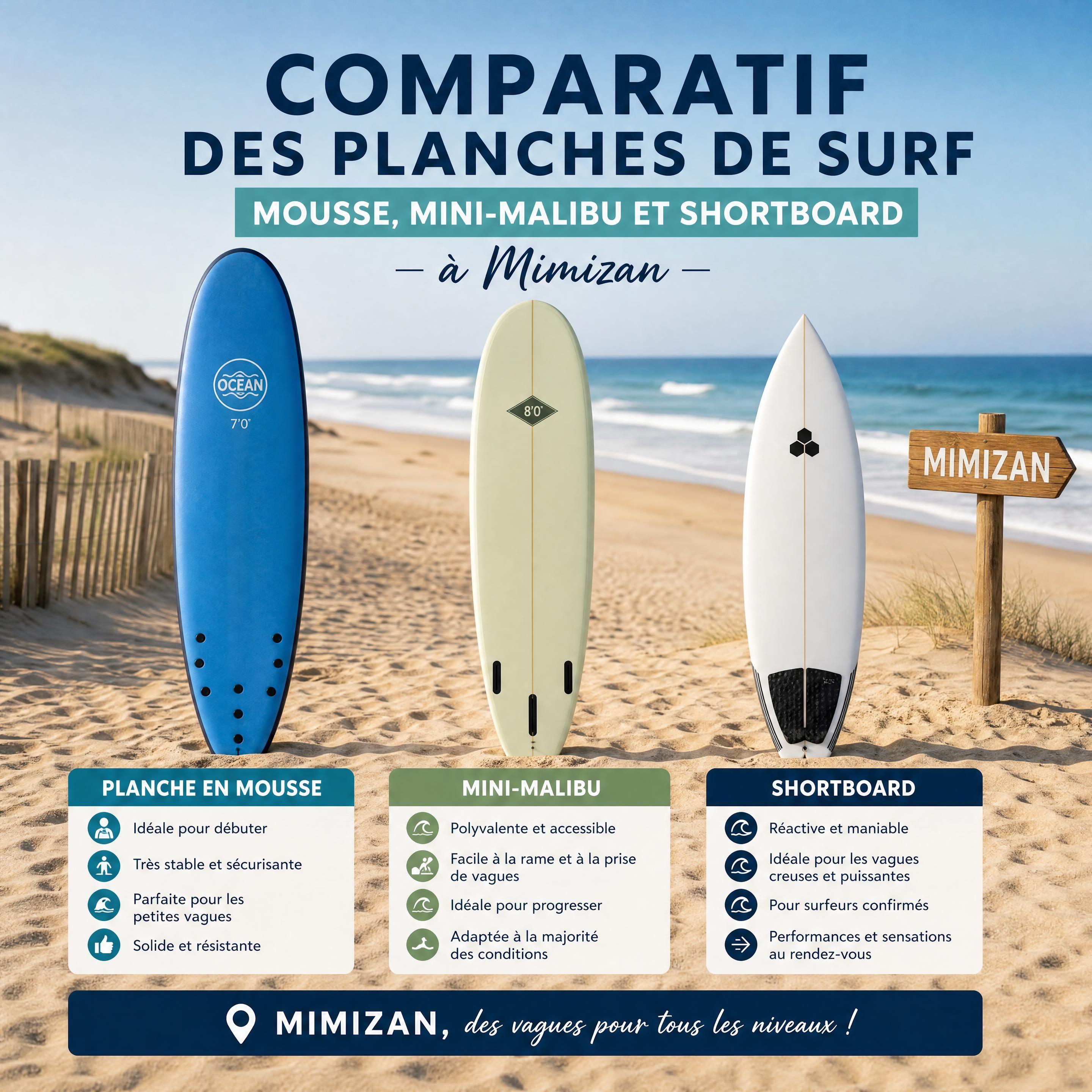 Comparatif de planches de surf en mousse, mini-malibu et shortboard sur le sable à Mimizan