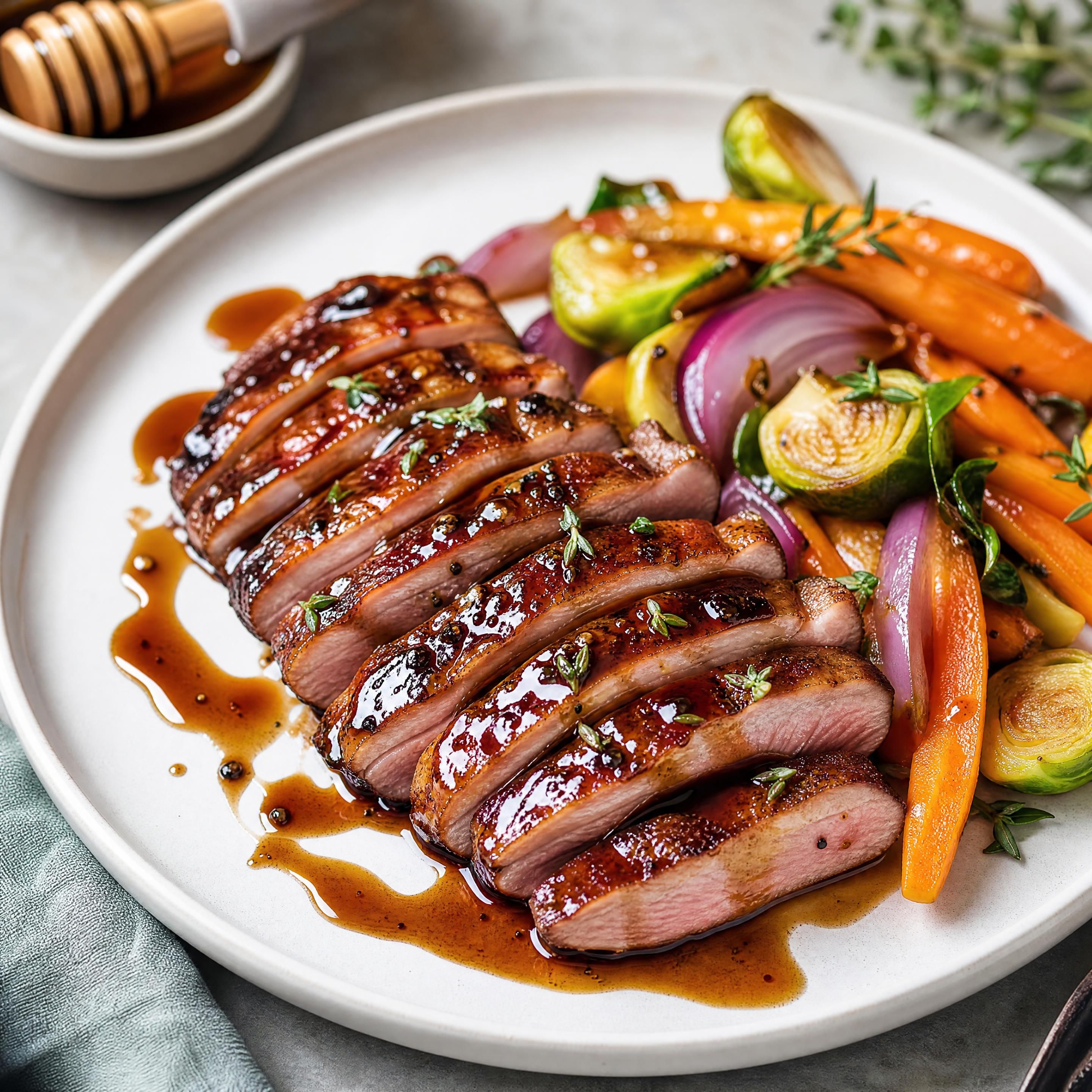 Magret de canard au miel tranché, nappé d’une sauce brillante au miel et vinaigre balsamique, servi avec légumes de saison