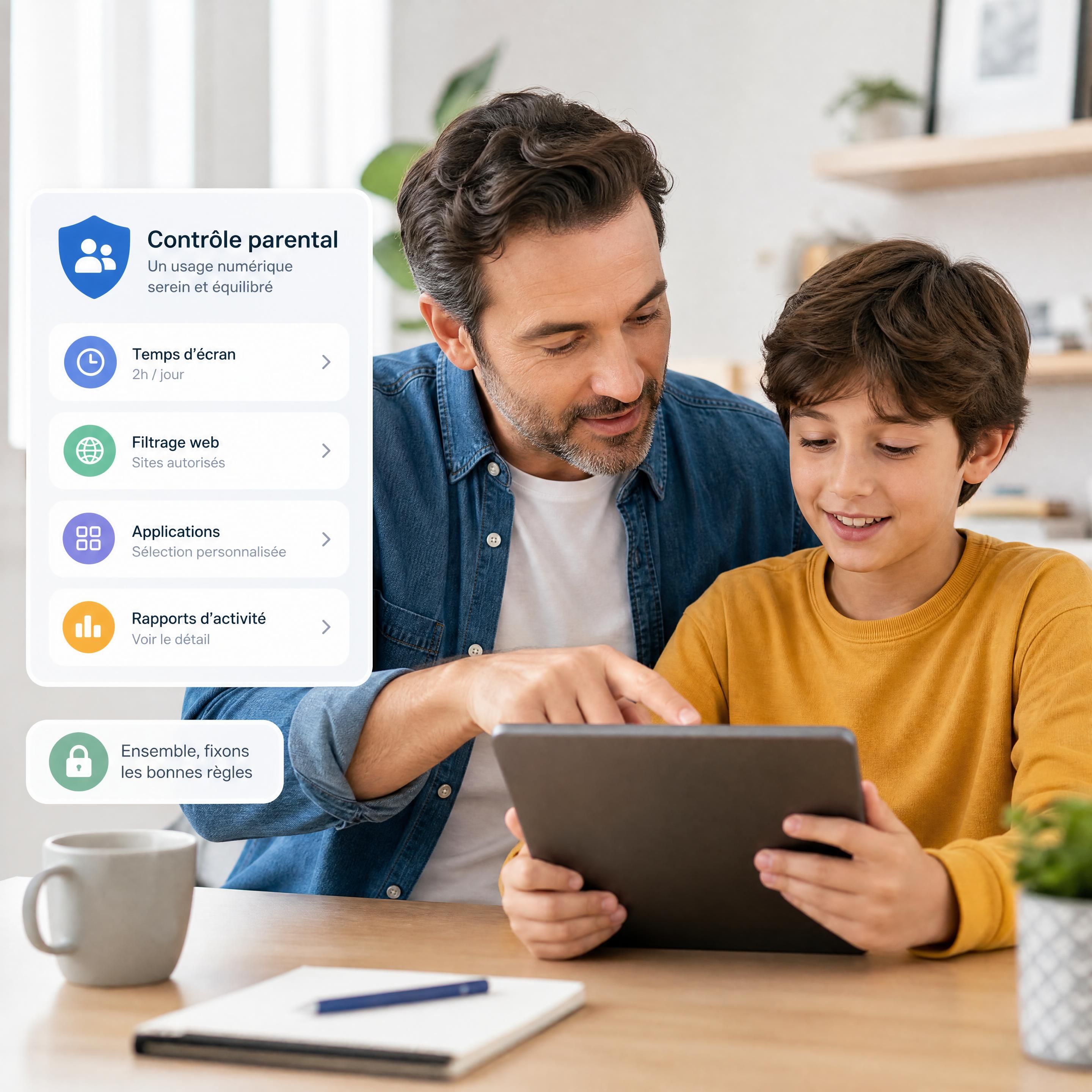 Un parent et son enfant discutant devant une tablette pour paramétrer ensemble le contrôle parental de manière collaborative