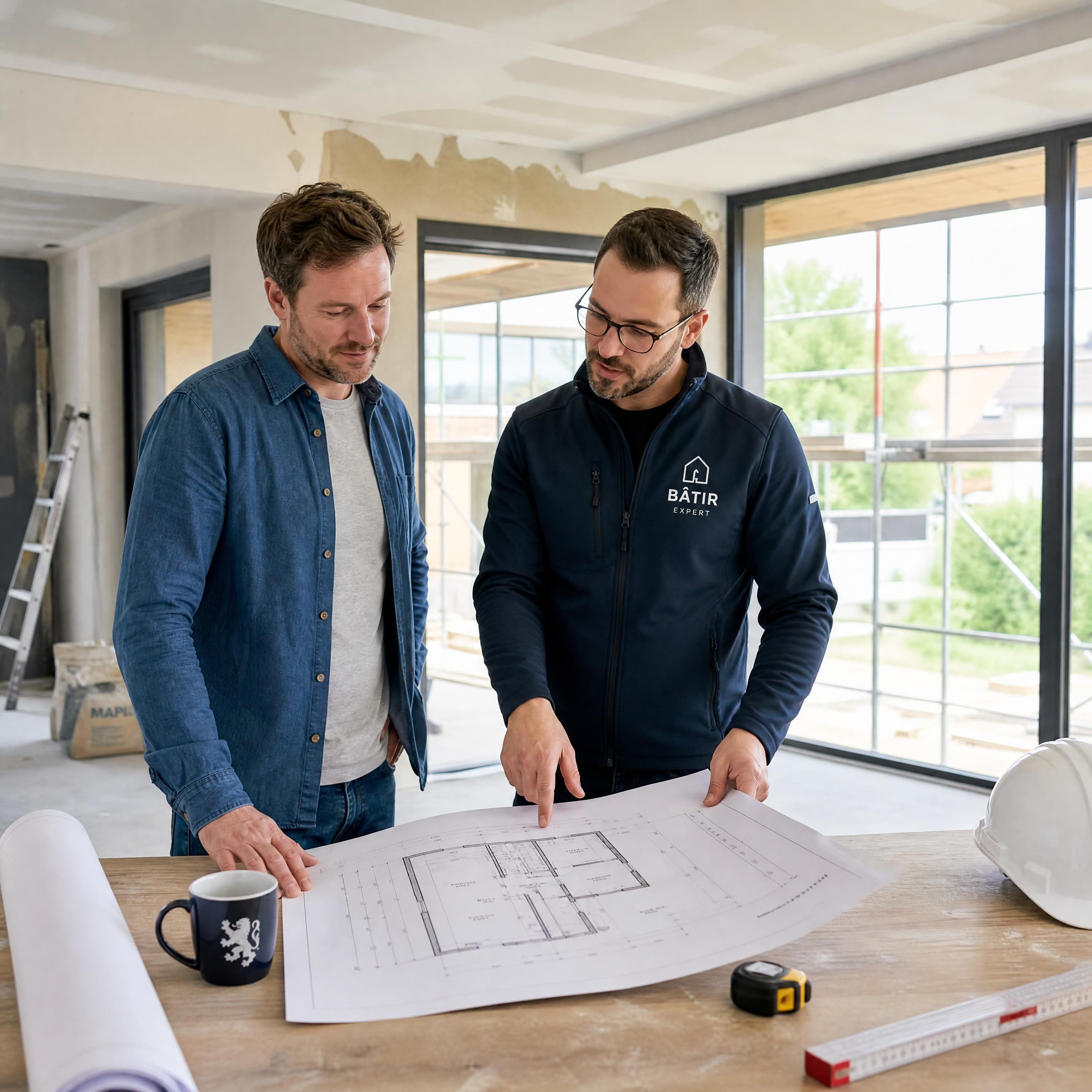 Propriétaire belge serein examinant des plans de rénovation de maison avec un expert sur un chantier de construction moderne