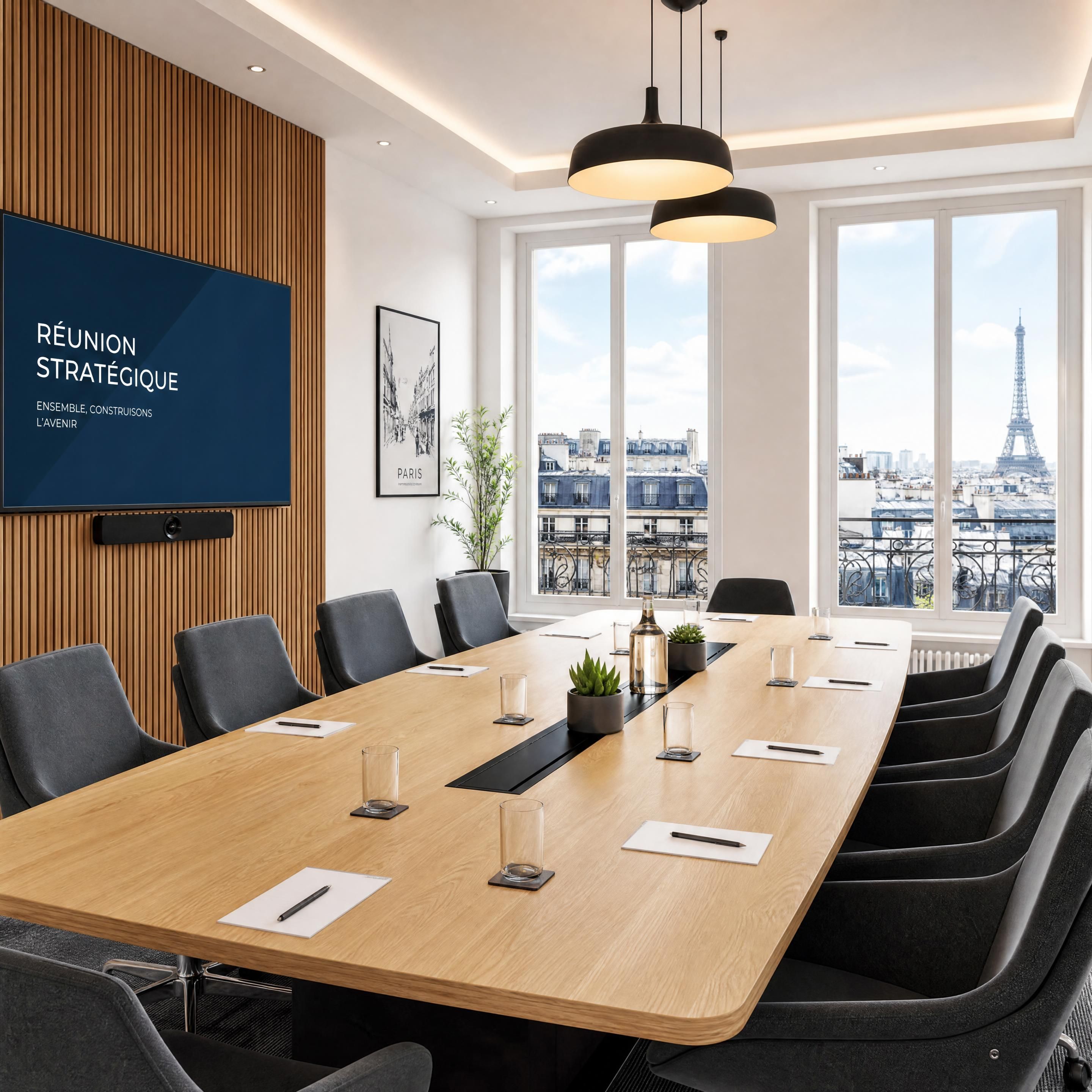Une salle de séminaire moderne et lumineuse en plein cœur de Paris, équipée pour une réunion d'entreprise professionnelle
