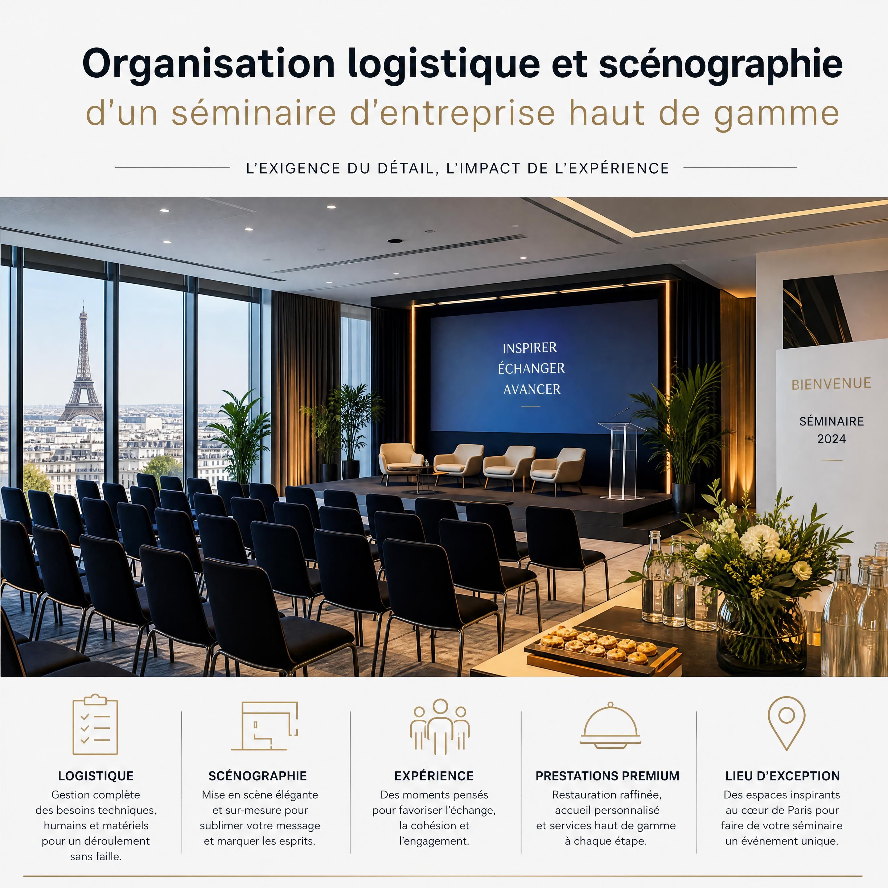 Organisation logistique et scénographie d'un séminaire d'entreprise haut de gamme dans une salle moderne à Paris
