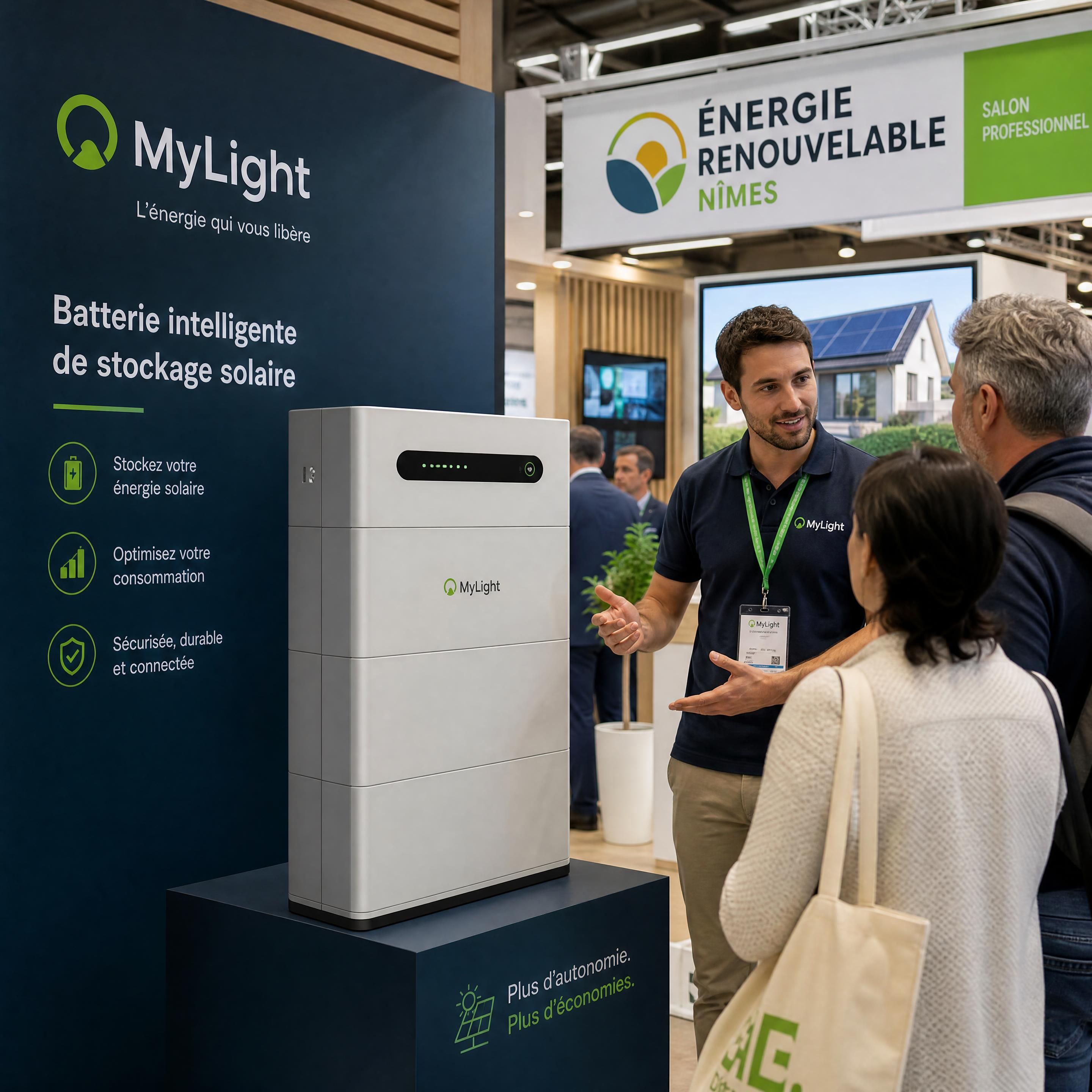 Présentation d'une batterie physique intelligente de stockage solaire MyLight au salon énergie renouvelable de Nîmes