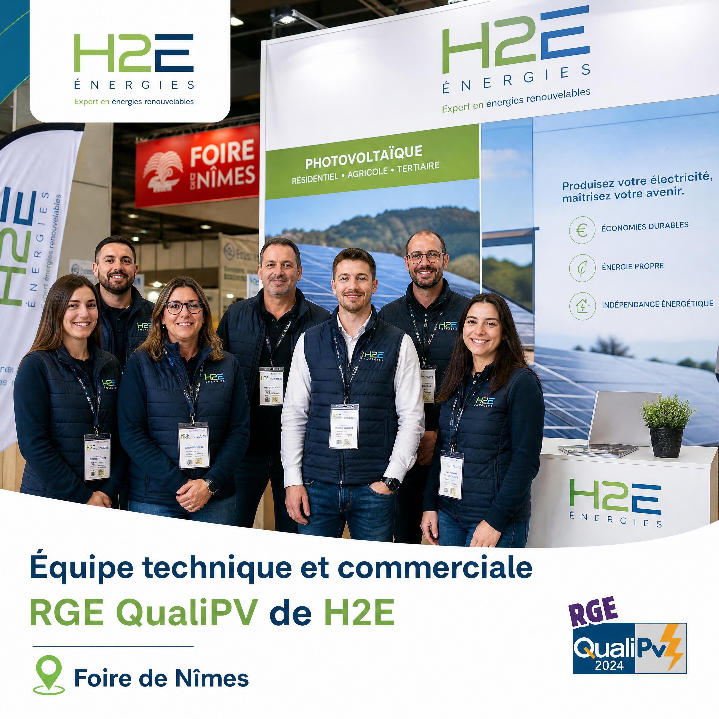 Équipe technique et commerciale RGE QualiPV de H2E sur le stand de la foire de Nîmes