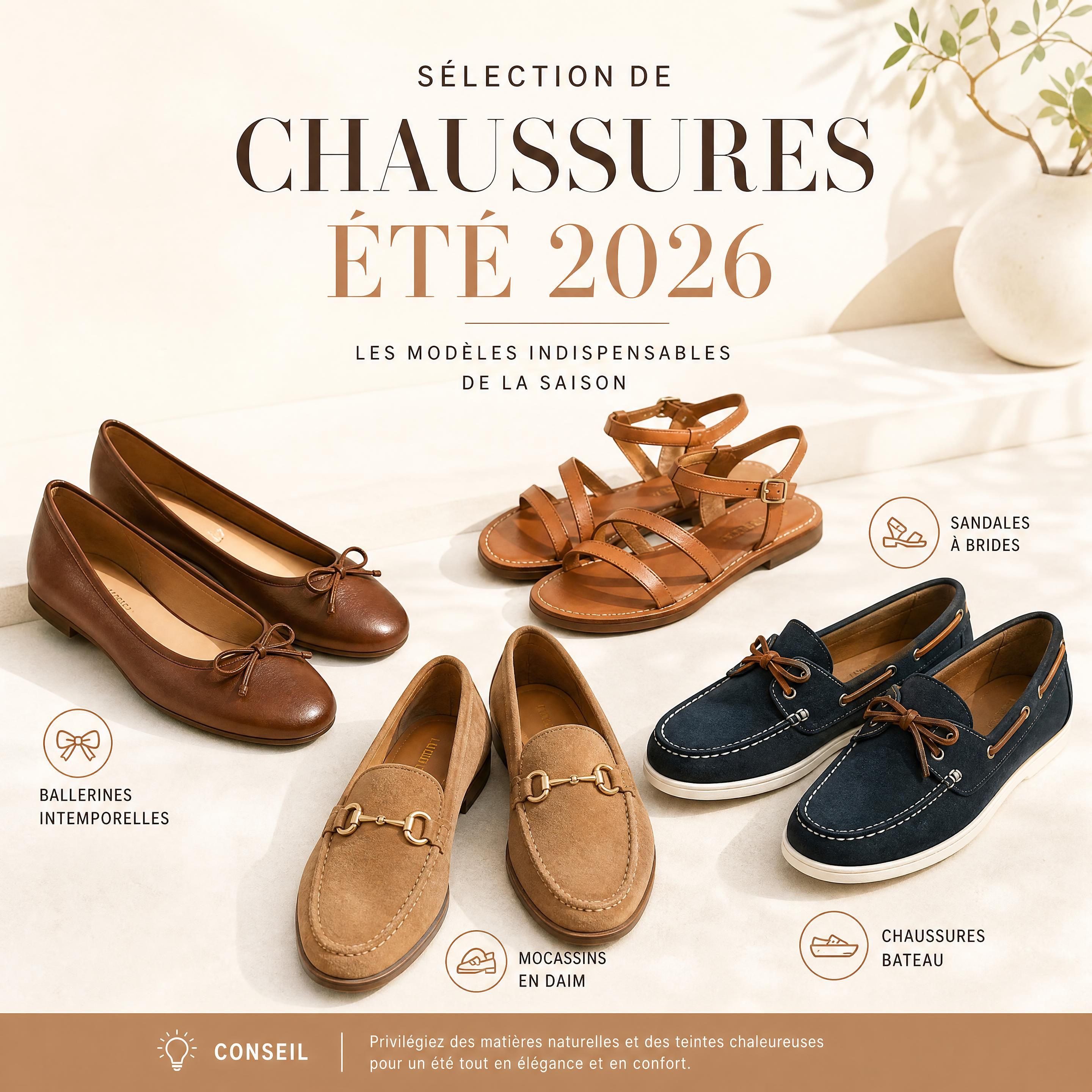 Sélection de chaussures été 2026 avec ballerines marron, sandales à brides, mocassins en daim et chaussures bateau sur fond lumineux