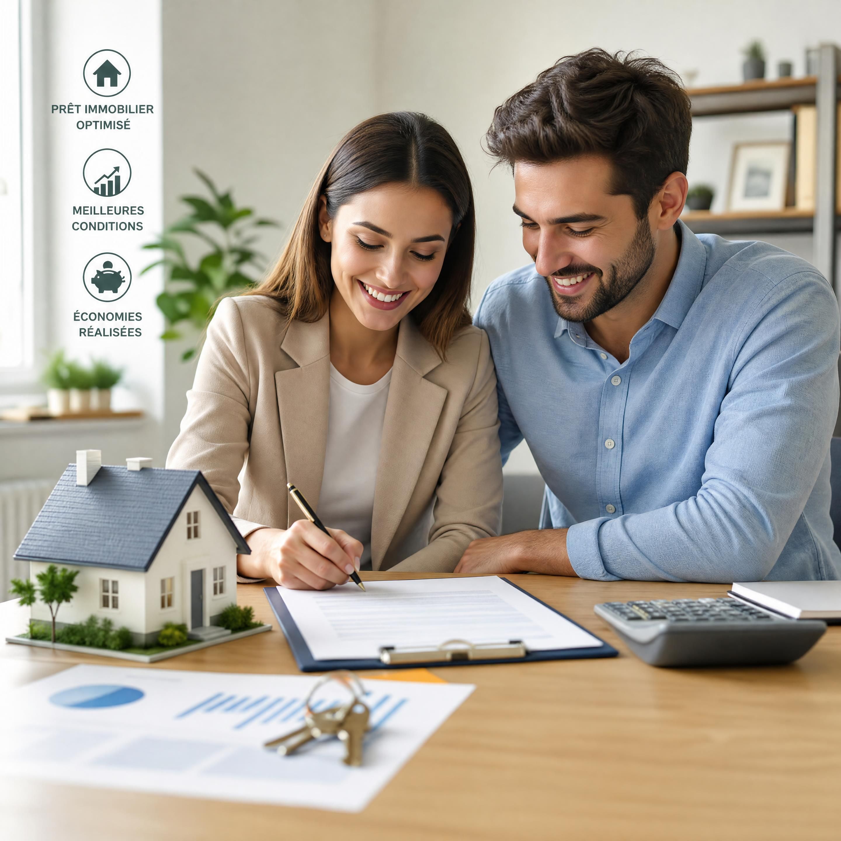 Un couple d'emprunteurs souriants signant un contrat de prêt immobilier devant une maison miniature pour illustrer l'optimisation financière
