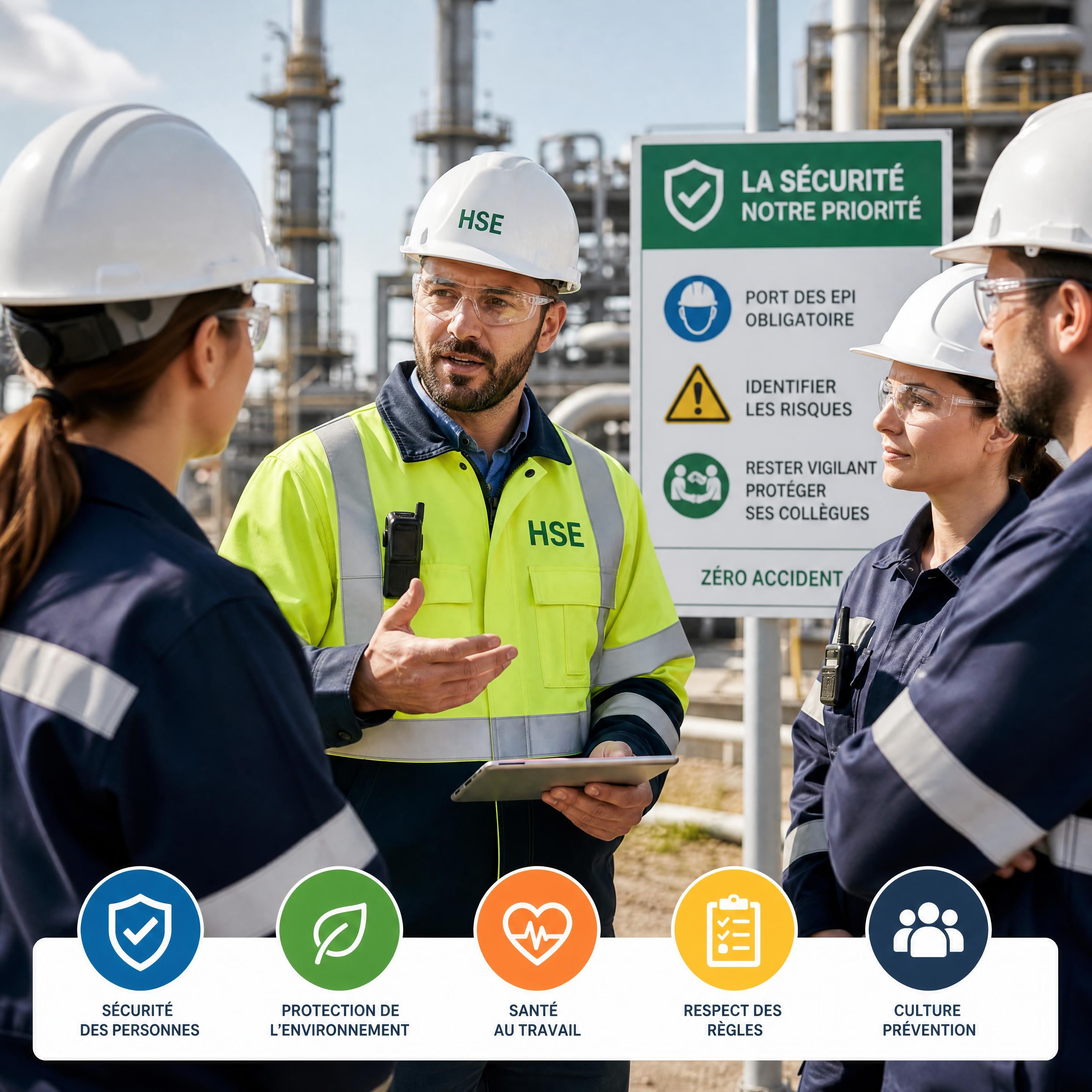 Responsable HSE en tenue de sécurité sur un site industriel discutant avec des collaborateurs, illustrant la prévention des risques