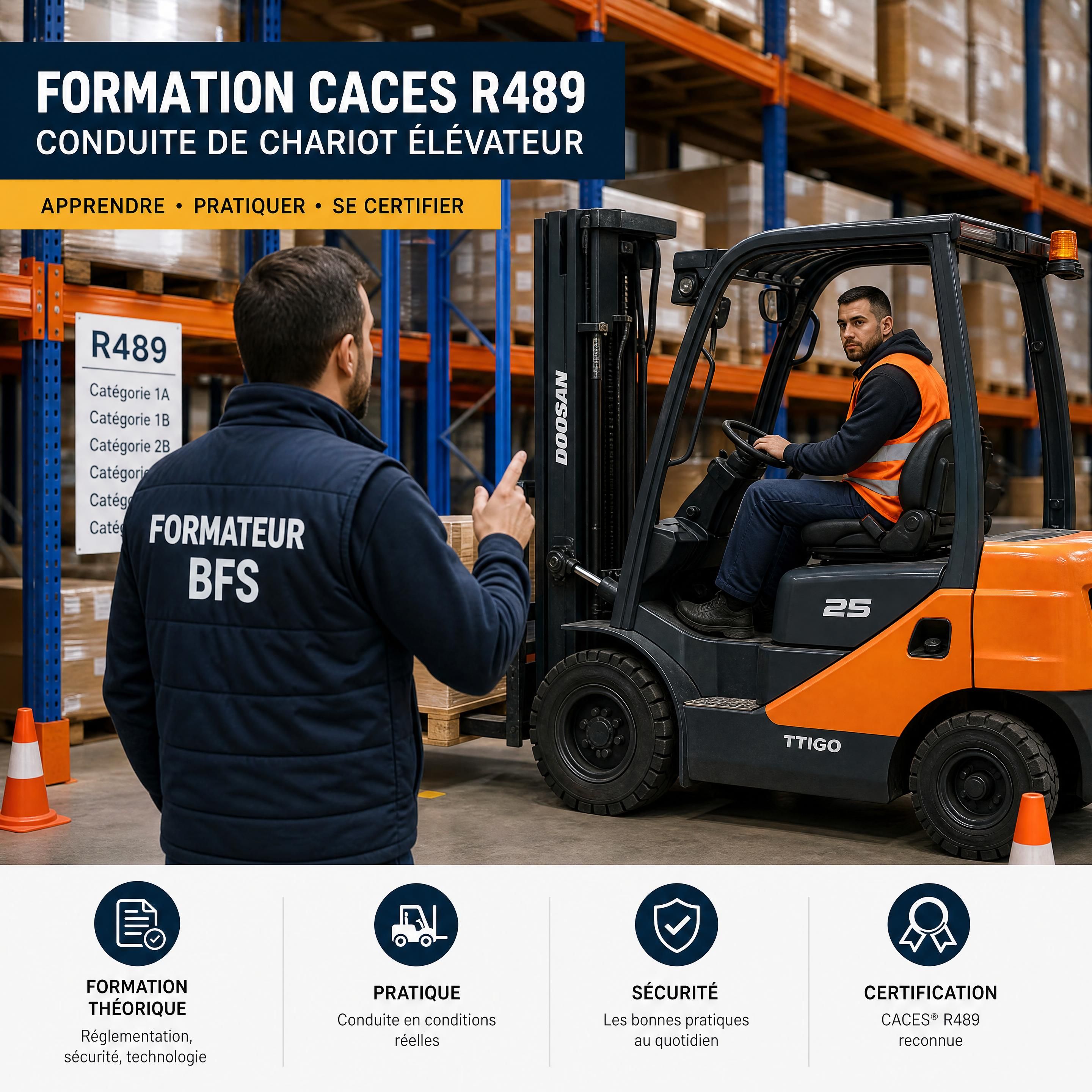 Formateur BFS animant une session pratique de conduite de chariot élévateur CACES R489 en entrepôt