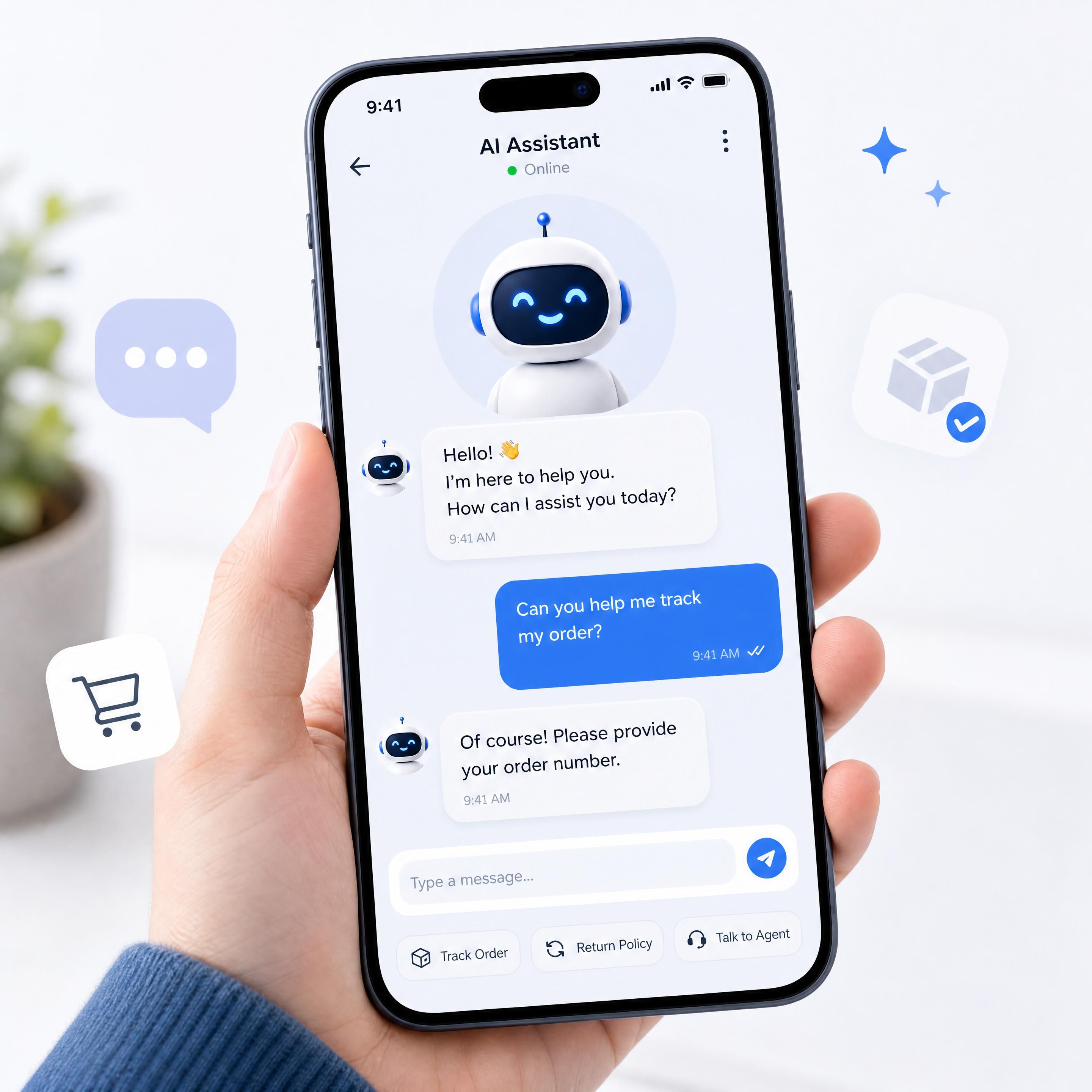 A friendly AI chatbot interface interacting with a customer on a modern smartphone screen