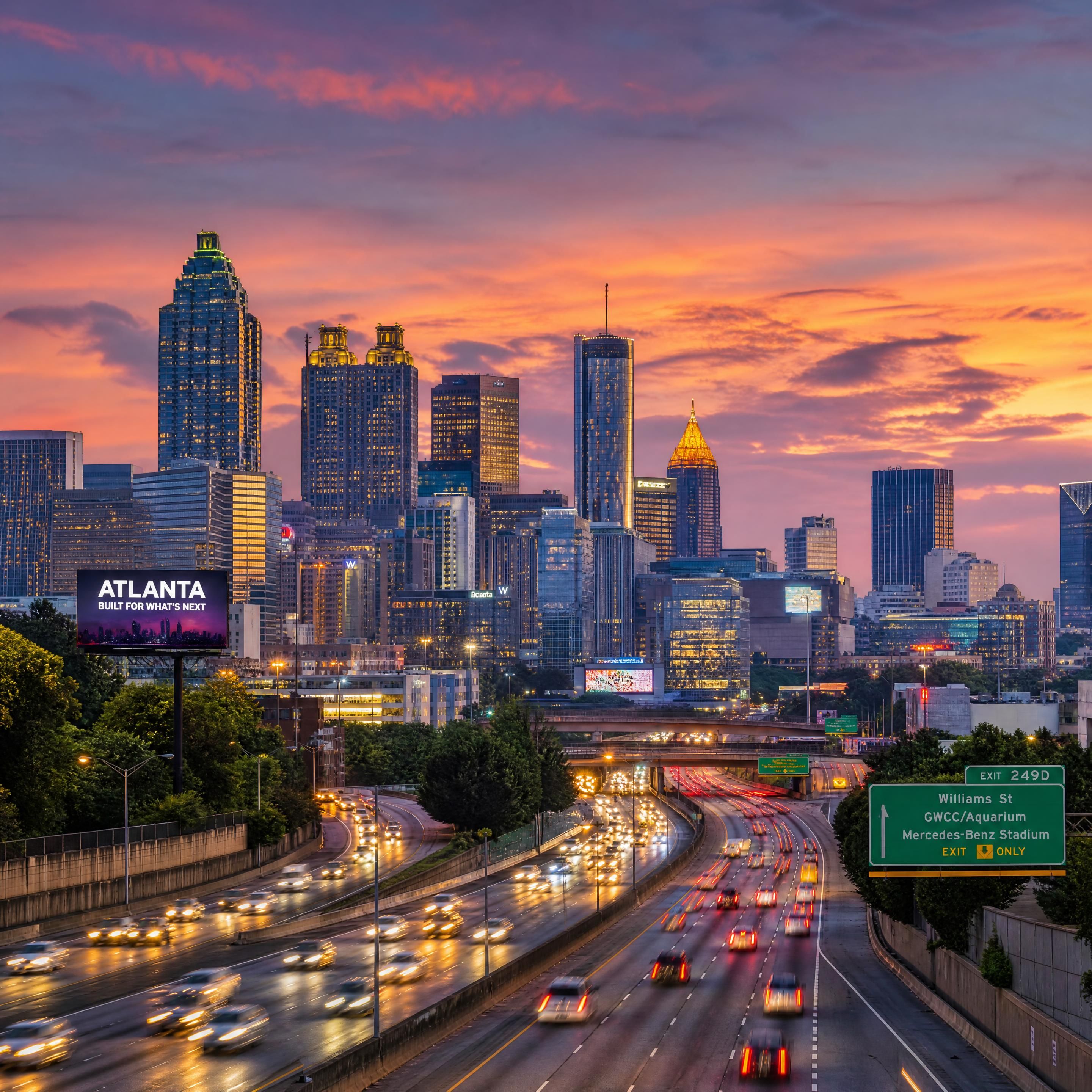 A busy Atlanta skyline at dusk, representing the fast-paced local business environment