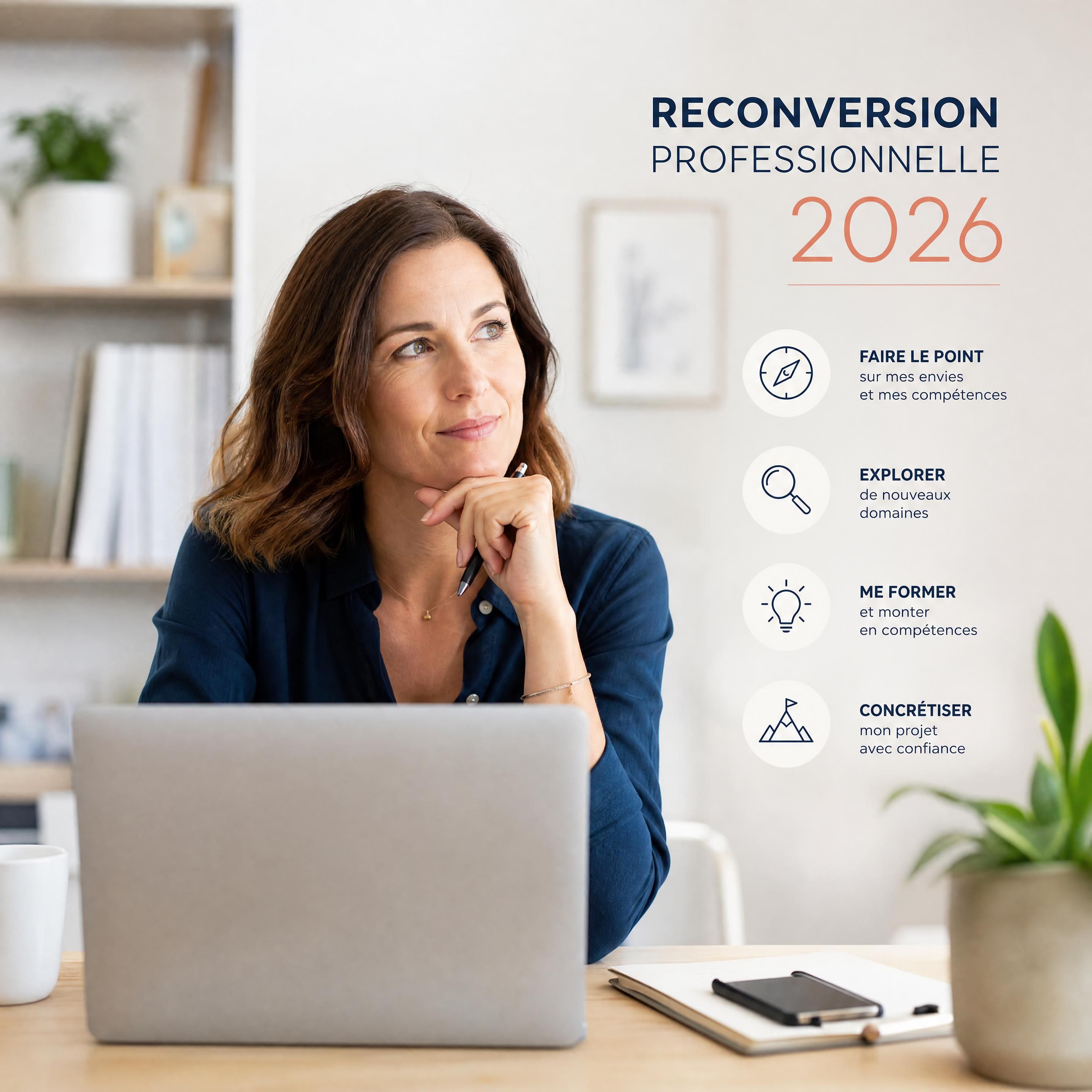 Une professionnelle d'une quarantaine d'années pensive devant son ordinateur portable, réfléchissant sereinement à son projet de reconversion professionnelle en 2026