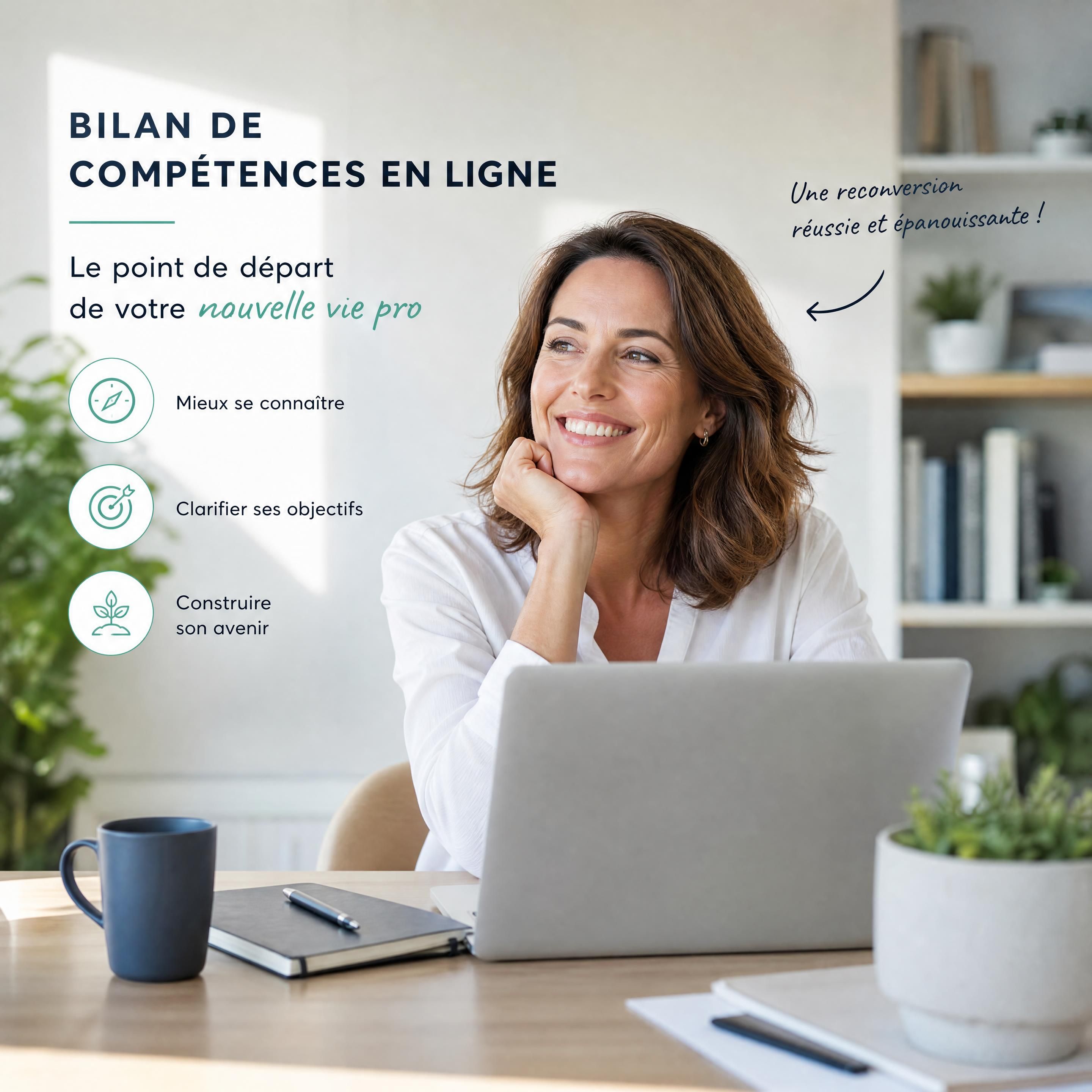 Une femme de 40 ans souriante devant son ordinateur portable, symbolisant la réussite d'une reconversion professionnelle après un bilan de compétences en ligne