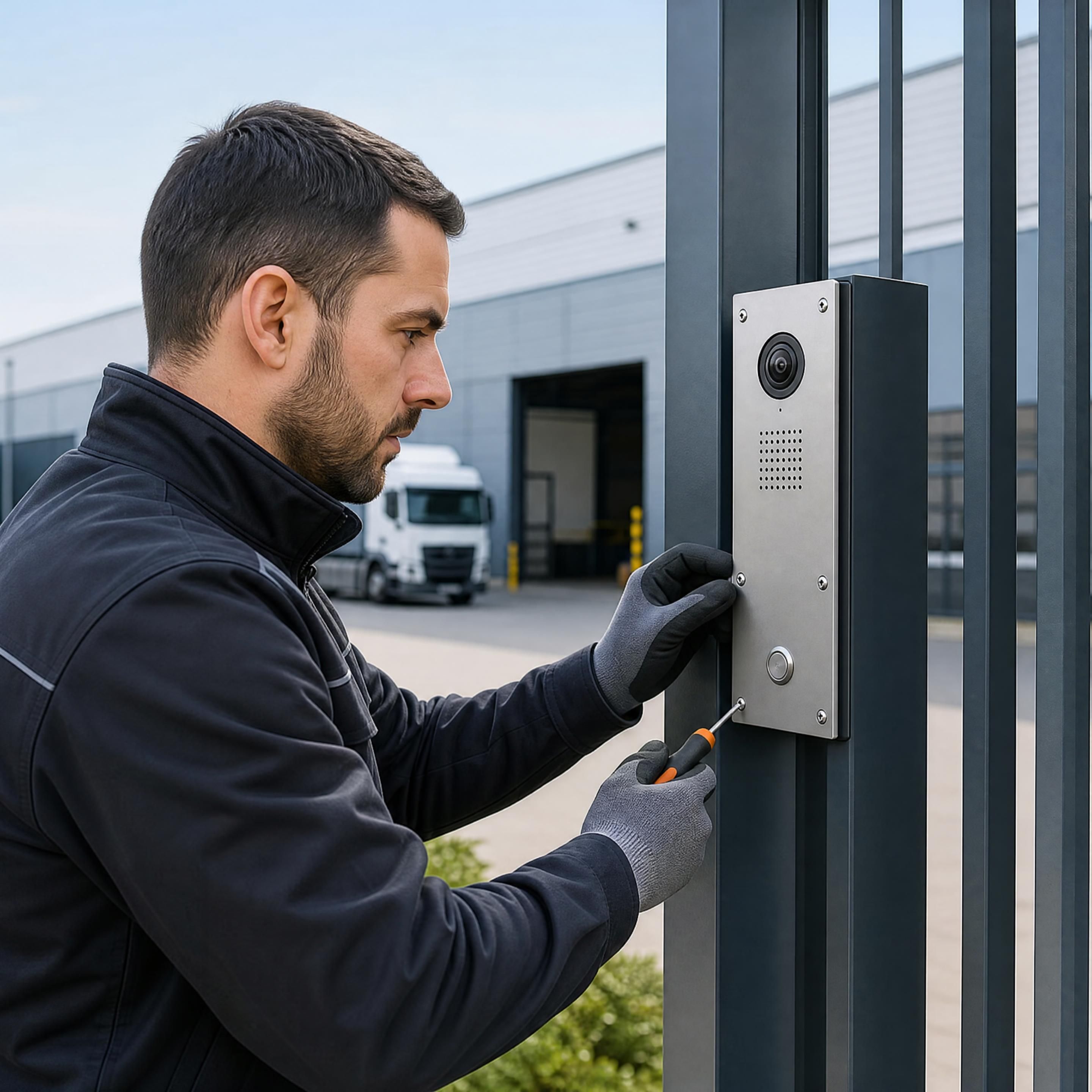 Technicien B PROTECT installant une platine de rue sur un portail d’entrepôt, visserie apparente, équipement sans marque visible