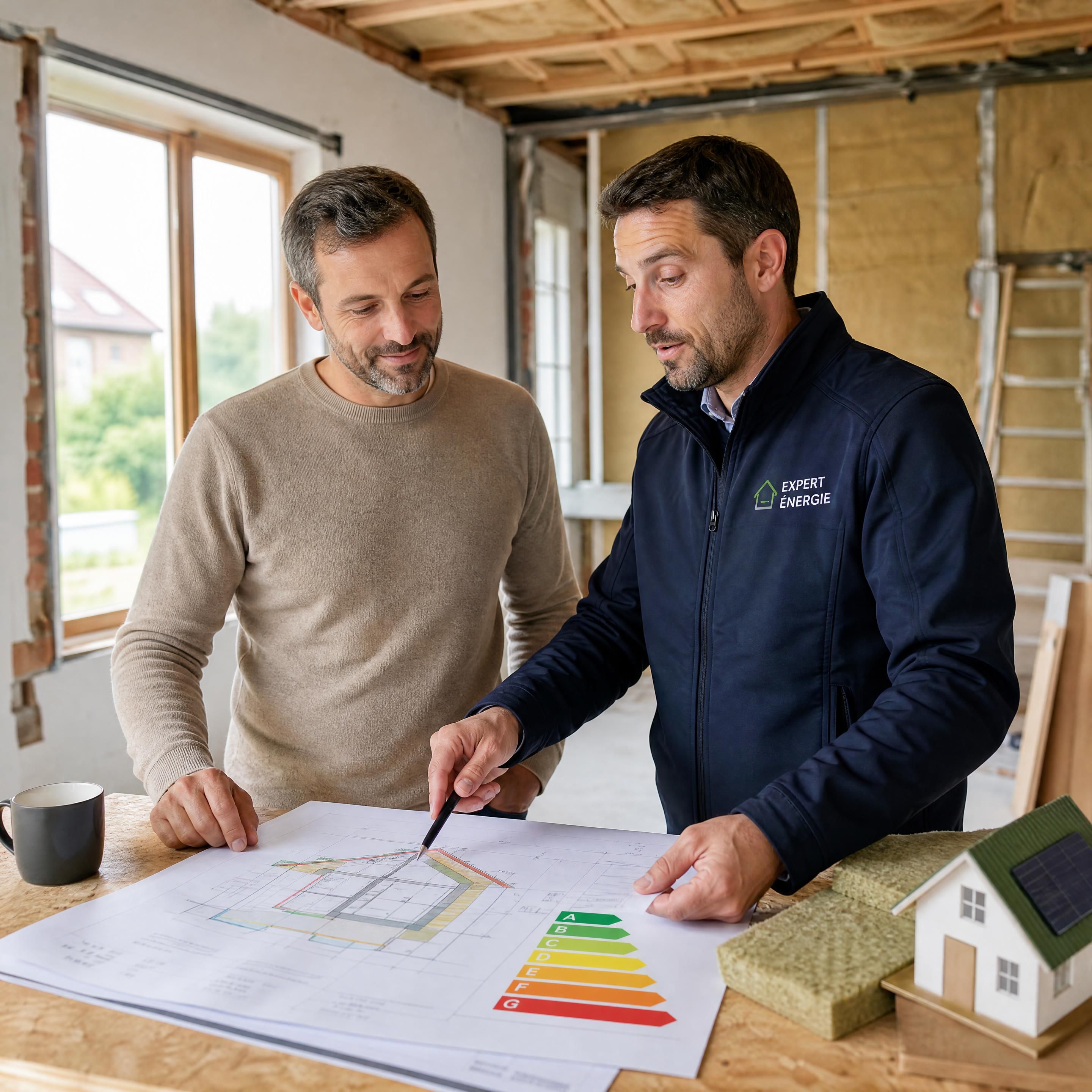 Propriétaire belge serein examinant des plans de rénovation énergétique avec un expert dans une maison en cours de travaux