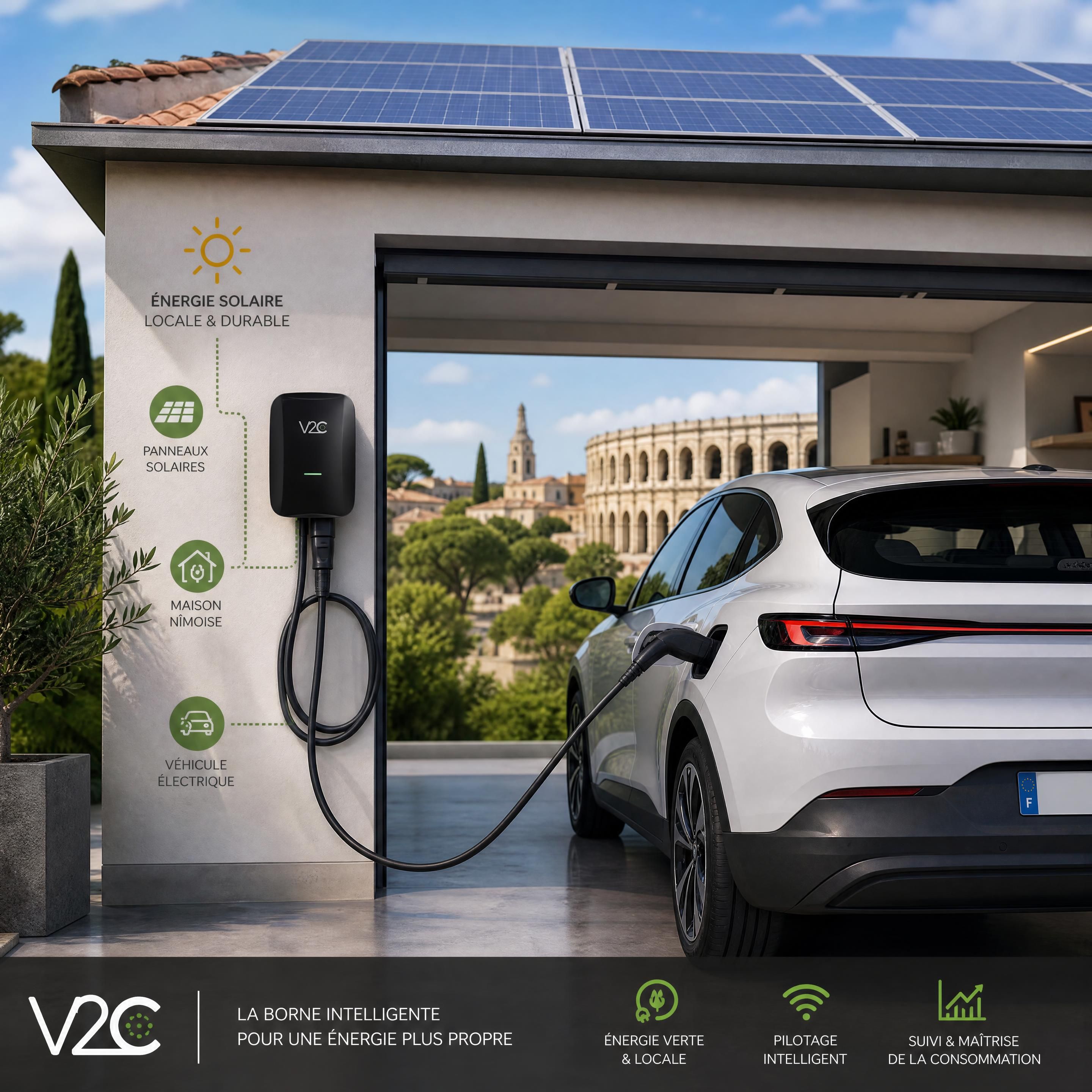 Une voiture électrique en charge dans un garage nîmois via une borne de recharge électrique intelligente V2C, alimentée par des panneaux solaires