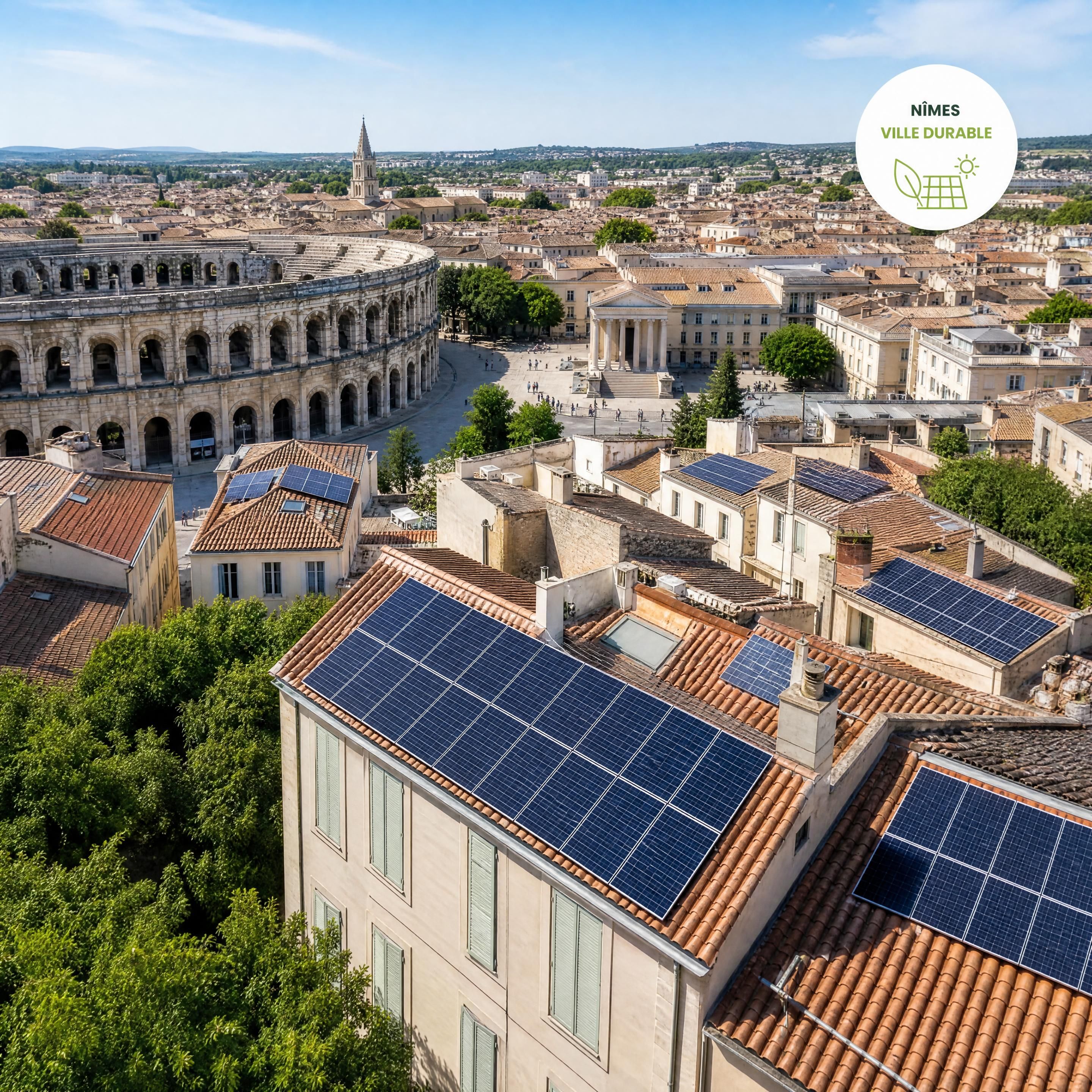 Vue aérienne de toitures équipées de panneaux solaires à Nîmes, fusionnant le patrimoine historique du Gard avec la modernité de la transition énergétique