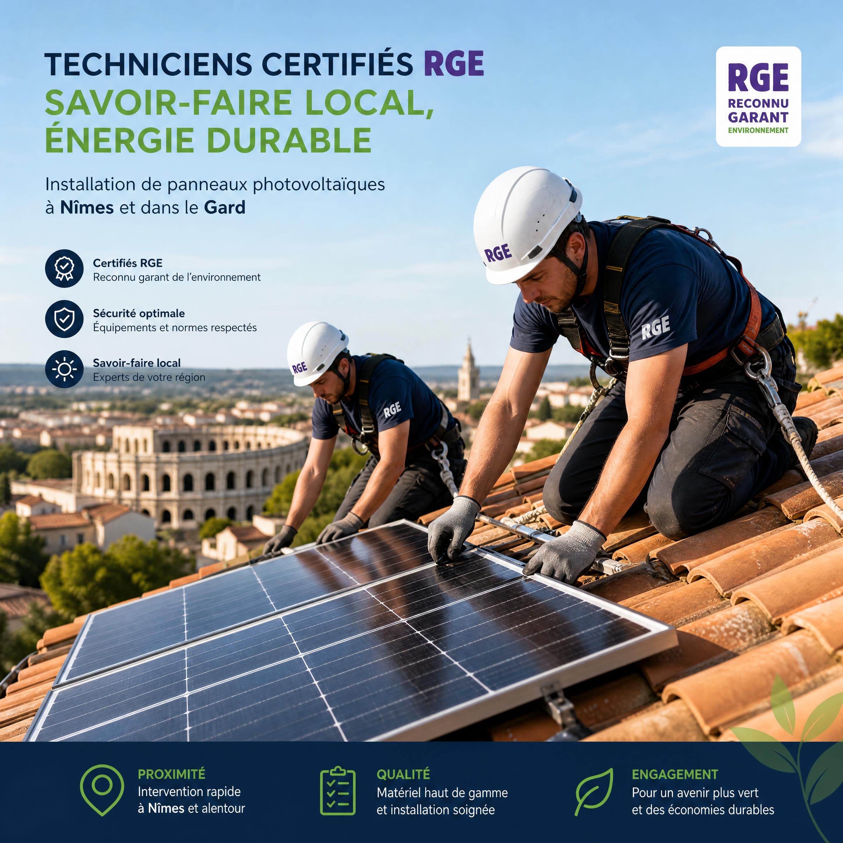 Techniciens certifiés RGE installant des panneaux photovoltaïques sur le toit d'une maison nîmoise, illustrant le savoir-faire local et la sécurité
