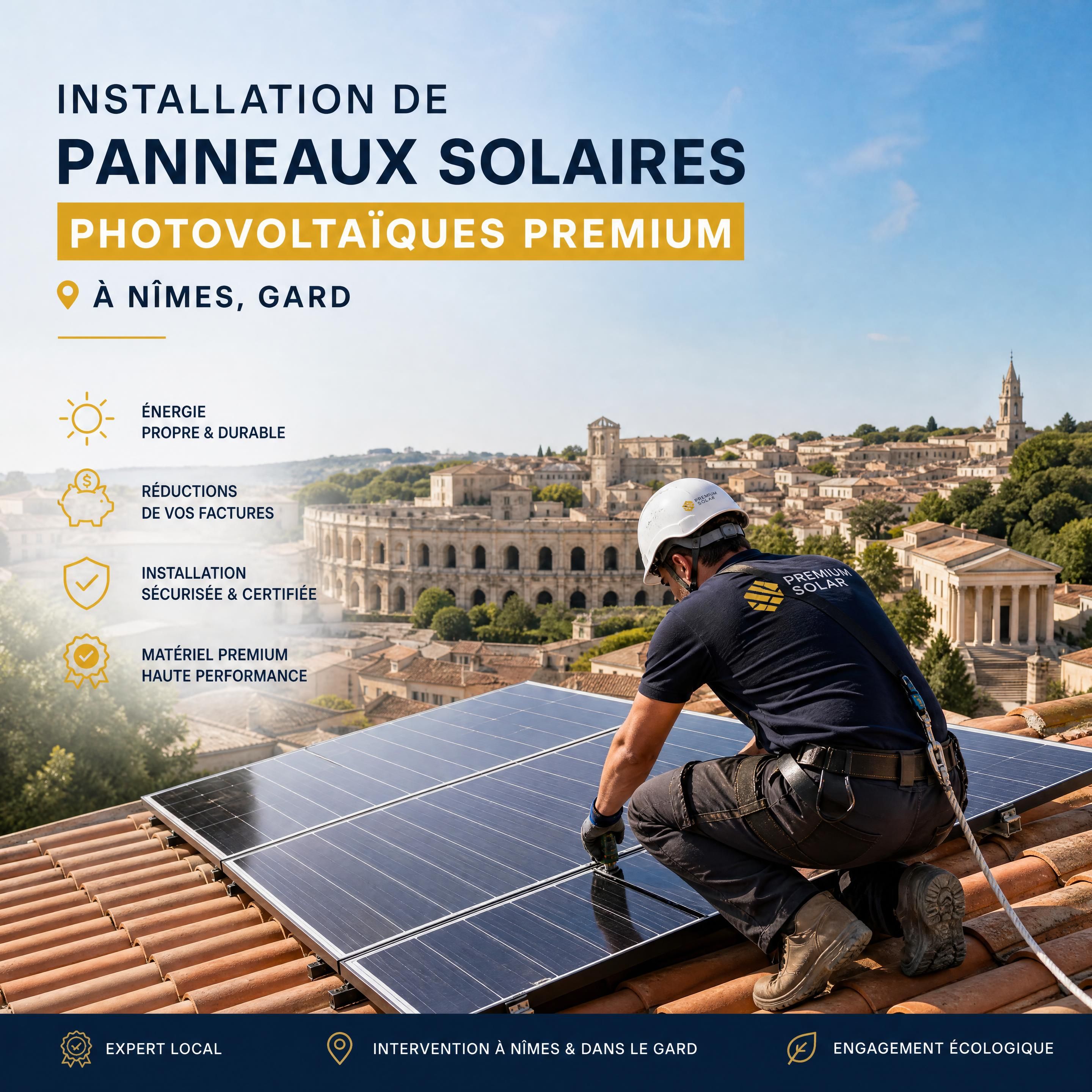 Installation de panneaux solaires photovoltaïques premium sur une toiture à Nîmes, Gard