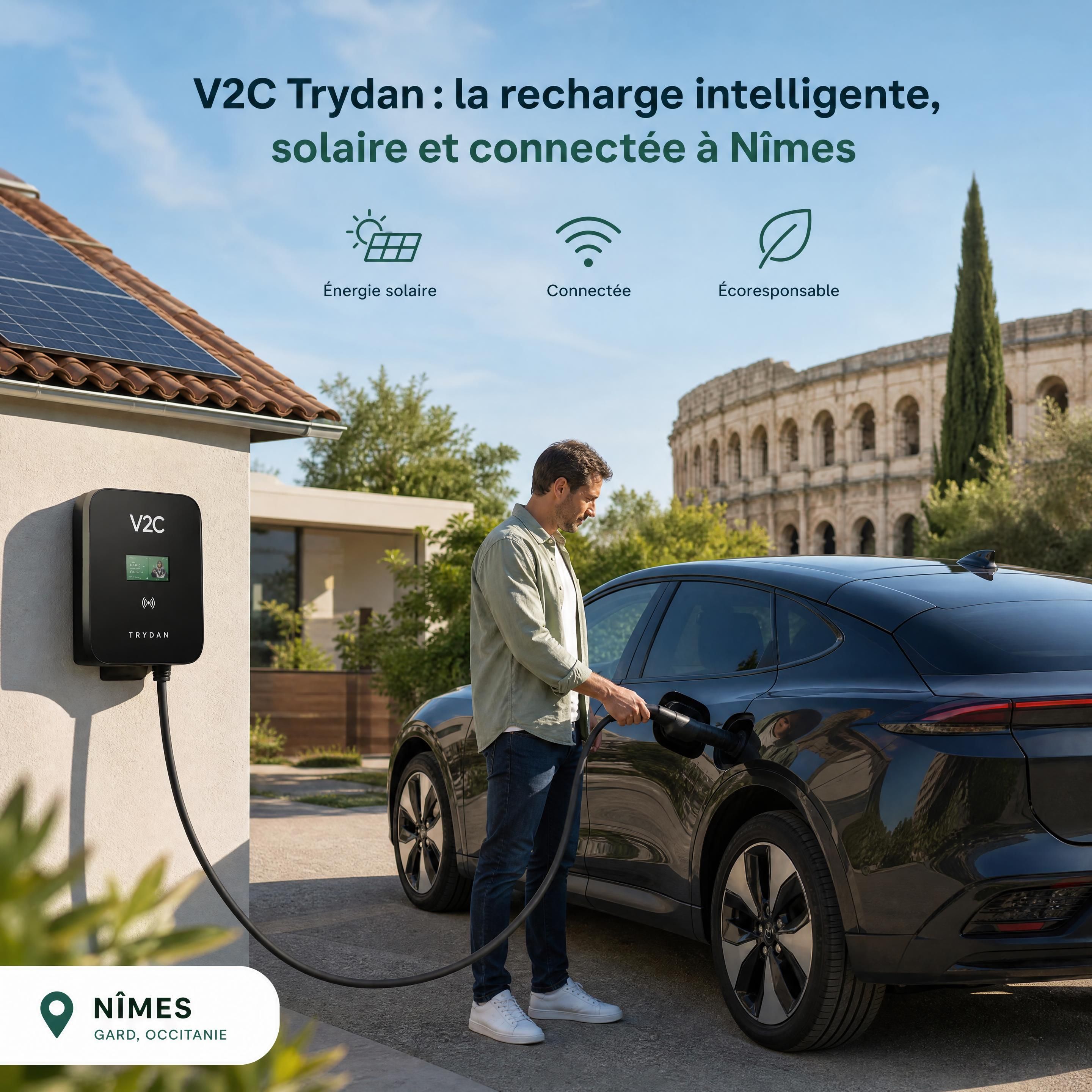 Propriétaire chargeant sa voiture électrique à Nîmes avec une borne intelligente V2C Trydan connectée à ses panneaux solaires