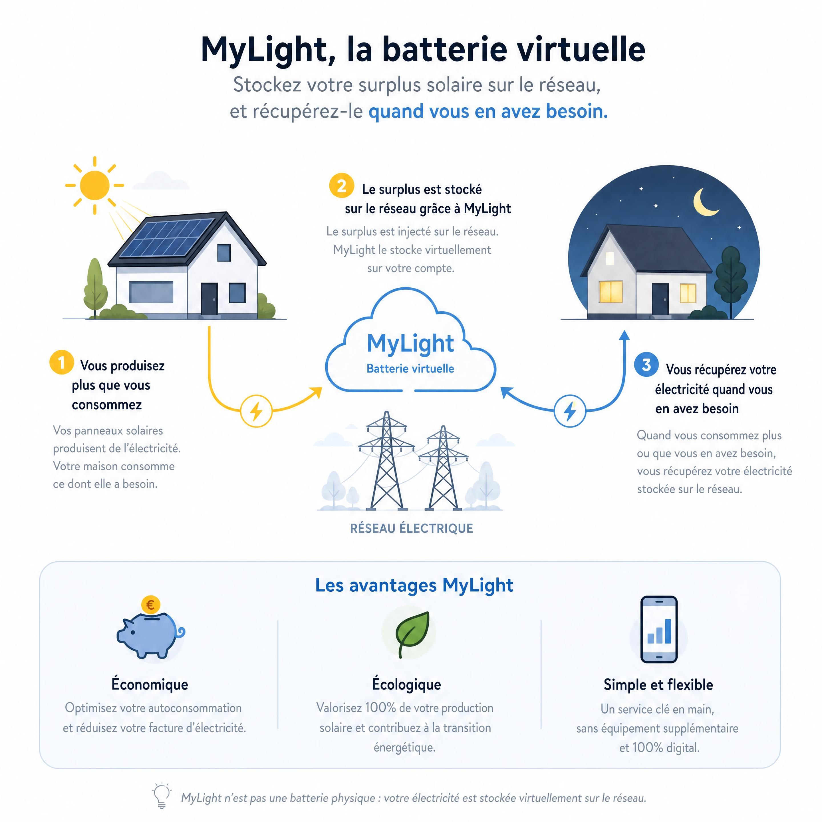 Schéma explicatif du fonctionnement d'une batterie virtuelle MyLight stockant le surplus solaire sur le réseau