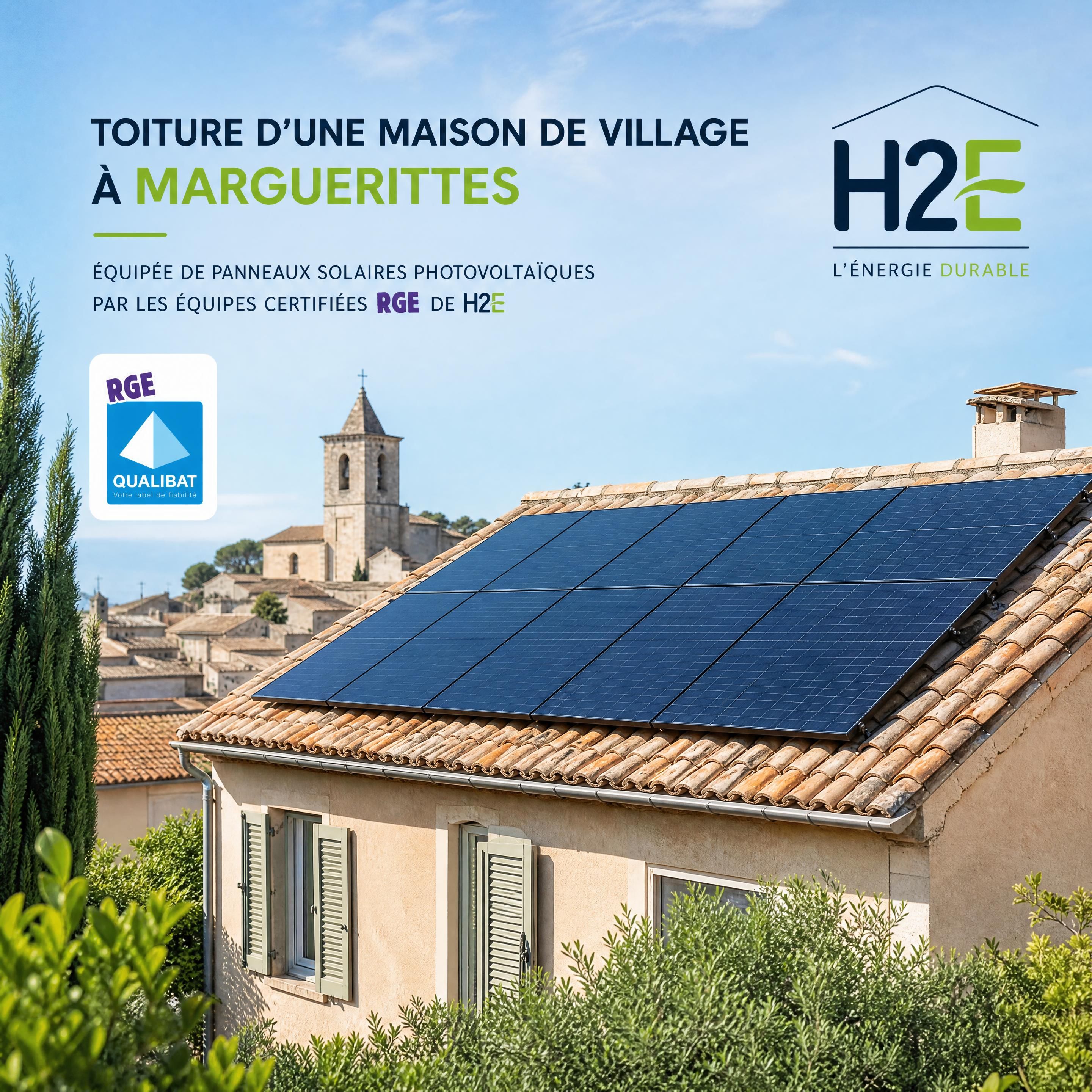 Toiture d'une maison de village à Marguerittes équipée de panneaux solaires photovoltaïques par les équipes certifiées RGE de H2E