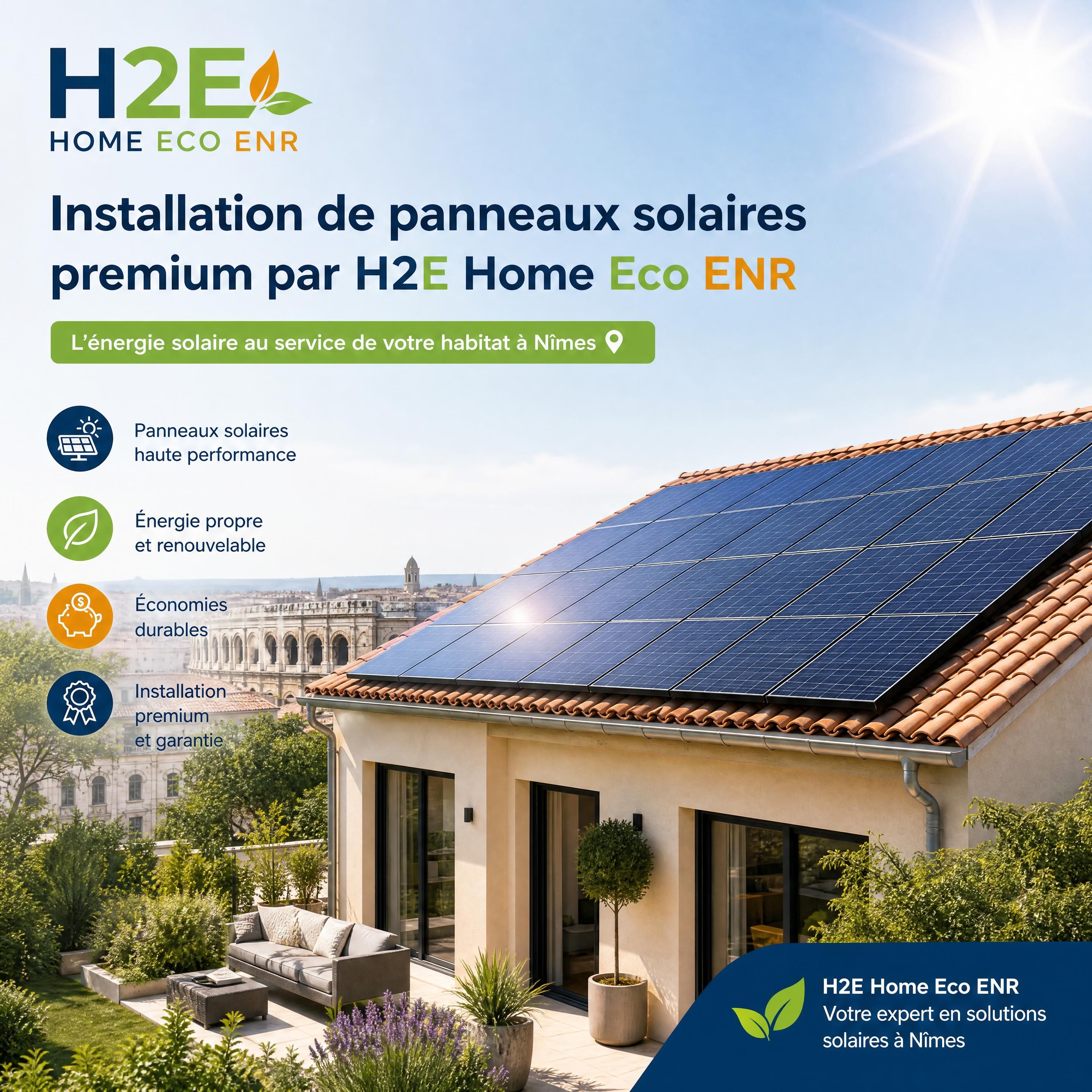 Installation de panneaux solaires premium par H2E Home Eco ENR sur une maison individuelle exposée au soleil de Nîmes
