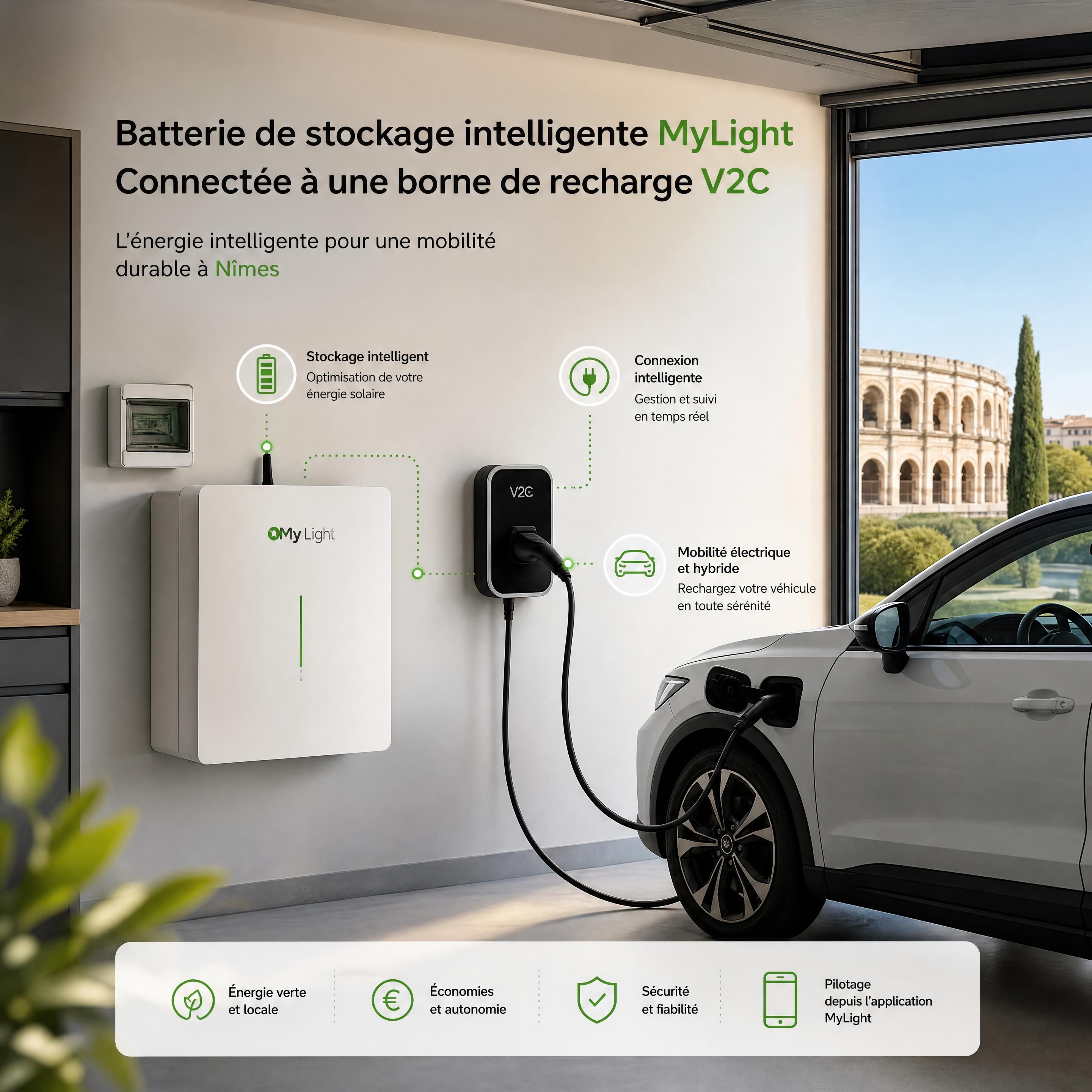 Batterie de stockage intelligente MyLight installée dans un garage à Nîmes, connectée à une borne de recharge électrique V2C pour véhicule hybride et électrique