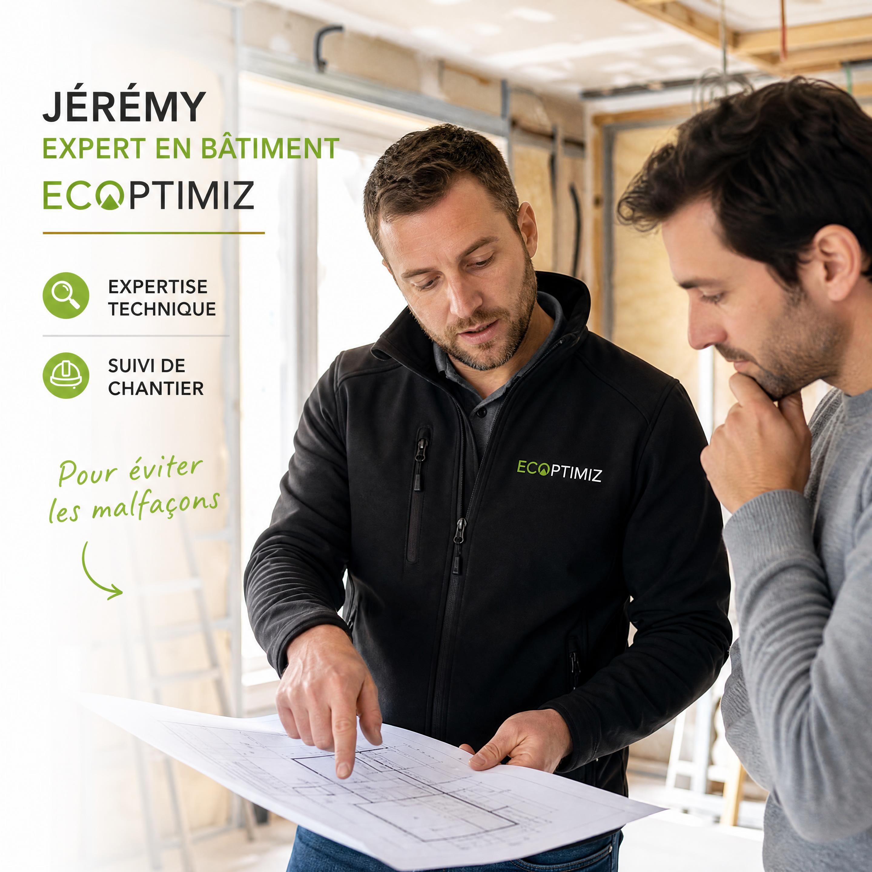 Jérémy, expert en bâtiment d'Ecoptimiz, réalisant une expertise technique et un suivi de chantier avec un client pour éviter les malfaçons (IMAGE_JEREMY_EXPERT)