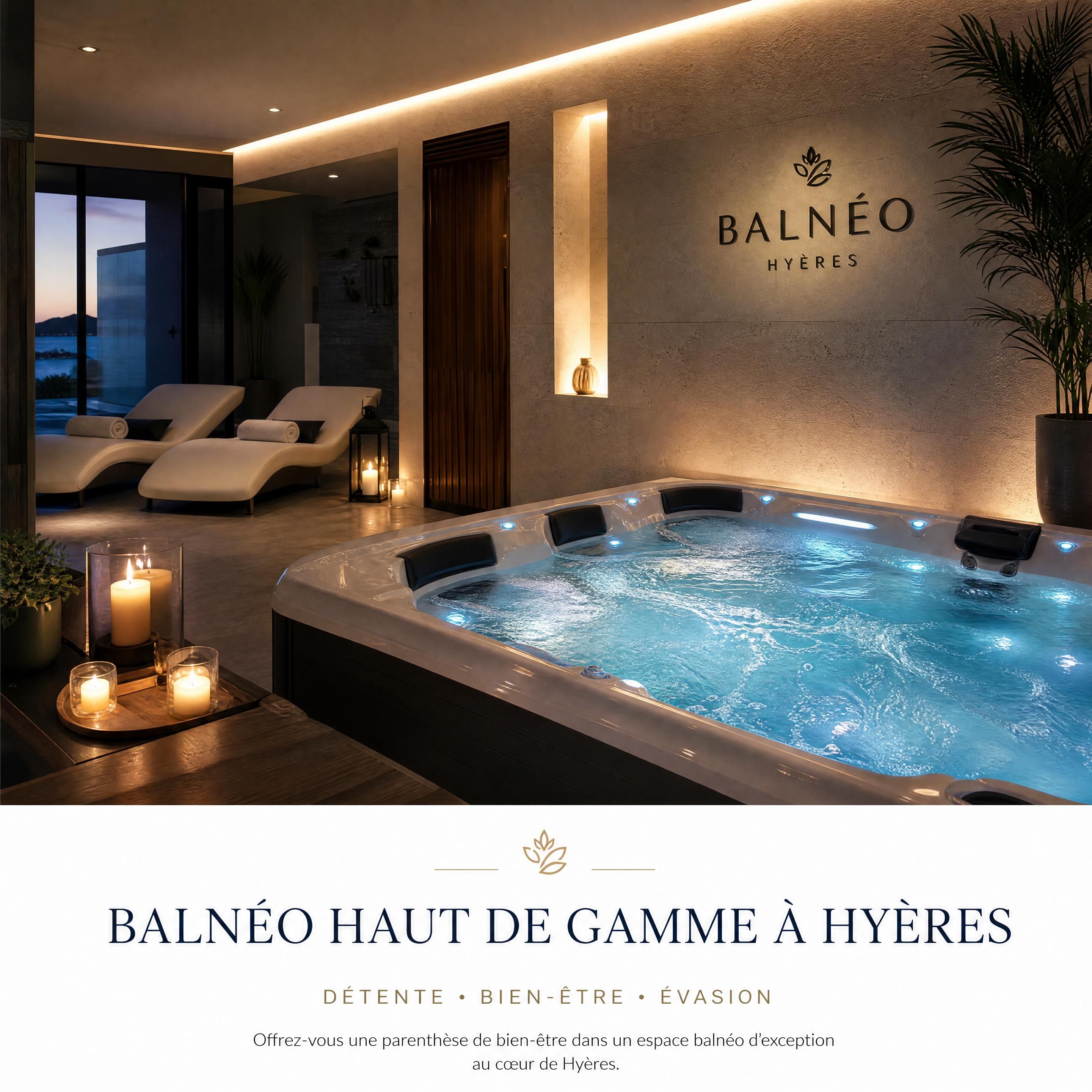 ambiance élégante d’un espace balnéo haut de gamme à Hyères avec jacuzzi et lumières tamisées