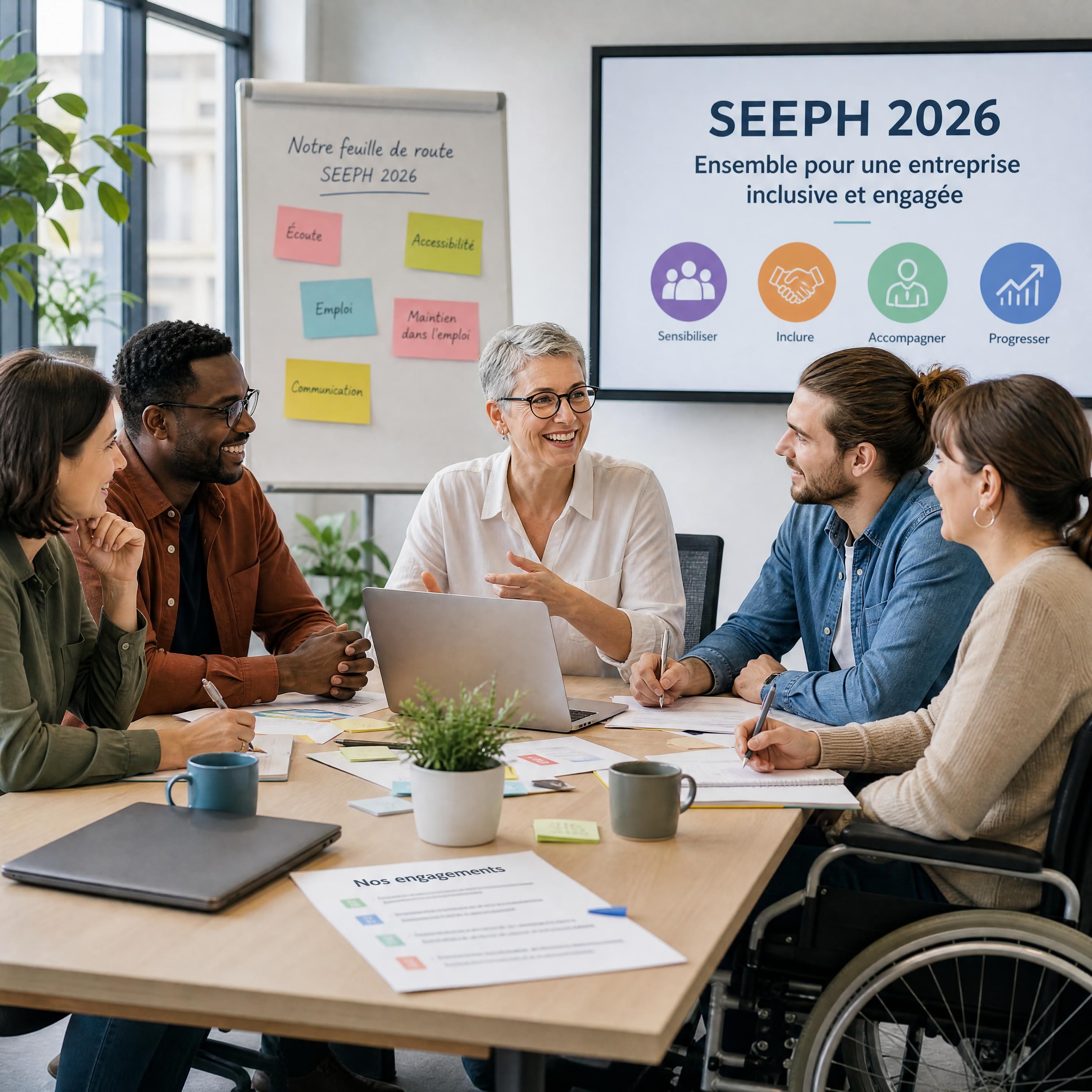 Réunion de travail collaborative et inclusive au sein d'une entreprise préparant sa politique handicap pour la SEEPH 2026