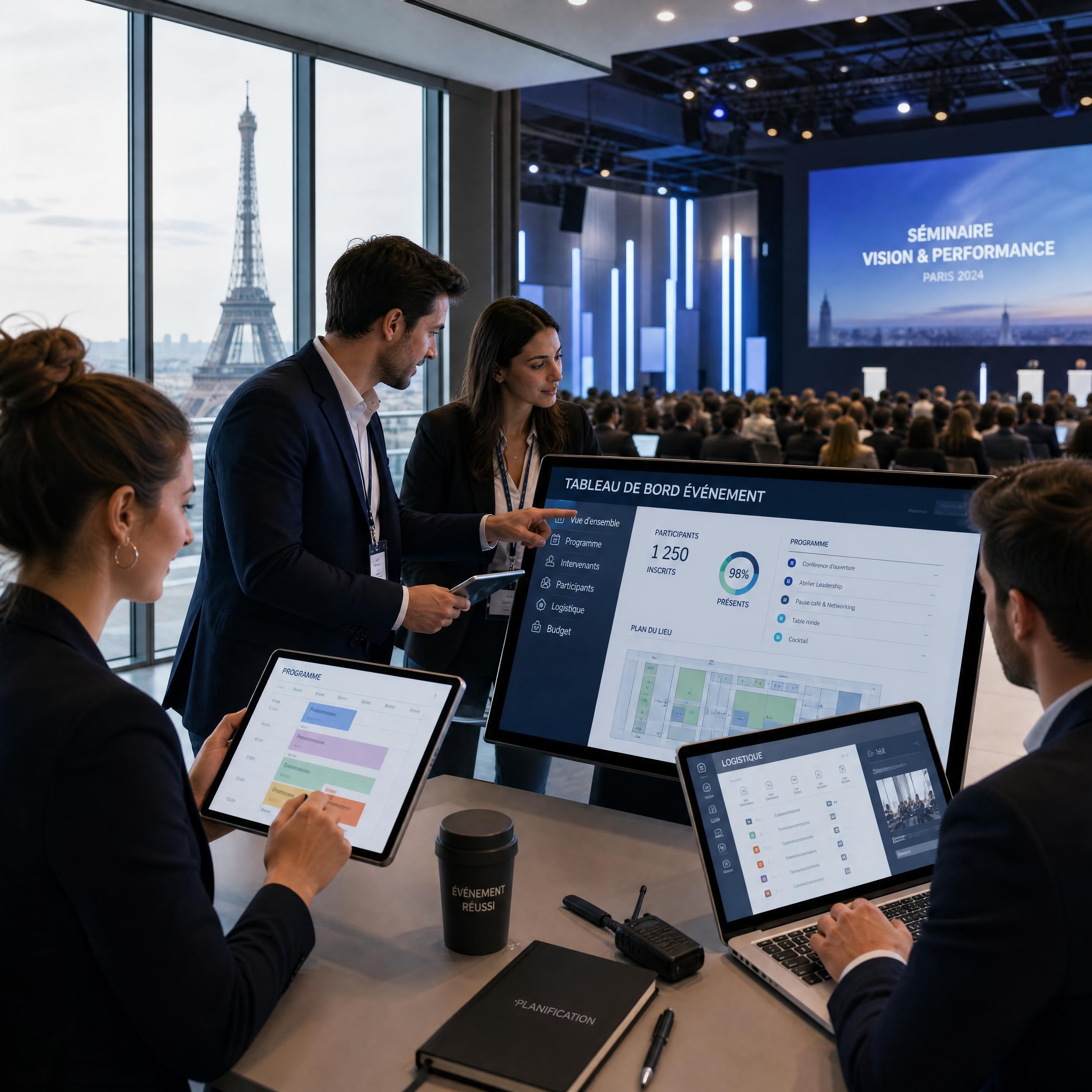 Une équipe d'organisateurs d'événements professionnels utilisant des tablettes et des écrans interactifs pour piloter un séminaire d'entreprise de grande envergure à Paris