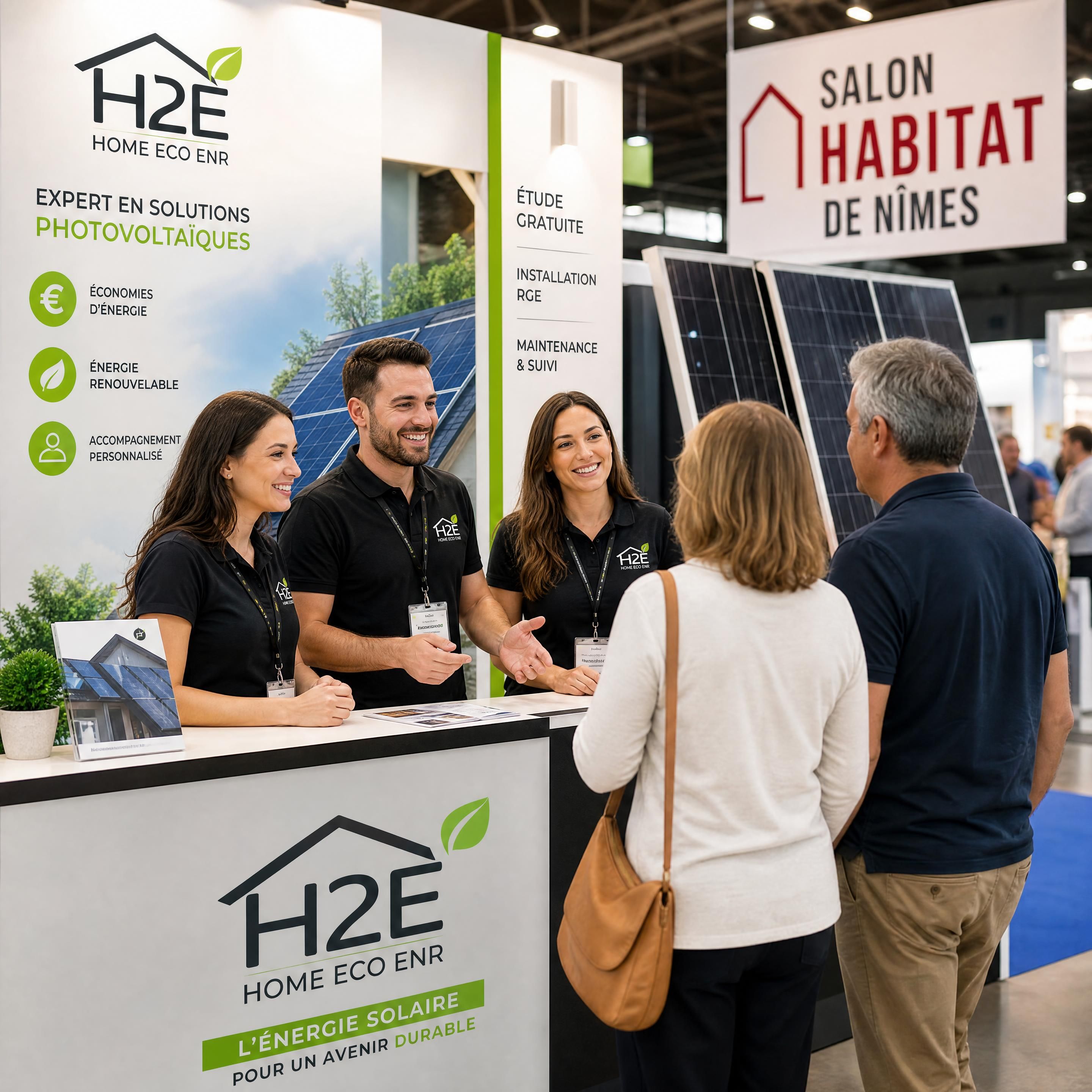 Équipe H2E Home Eco ENR accueillant les visiteurs sur un stand solaire au Salon Habitat de Nîmes