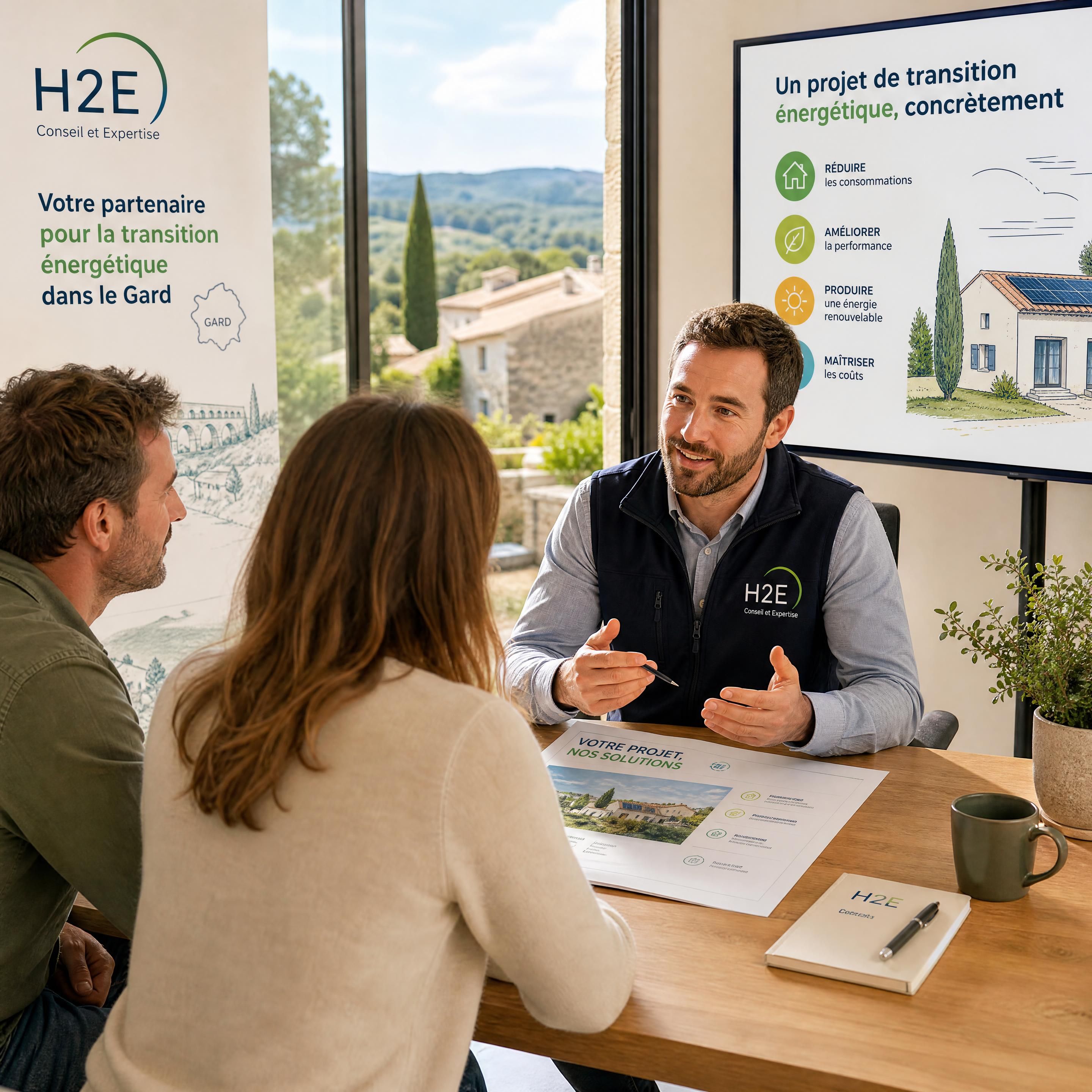 Conseiller H2E expliquant un projet de transition énergétique à des propriétaires du Gard