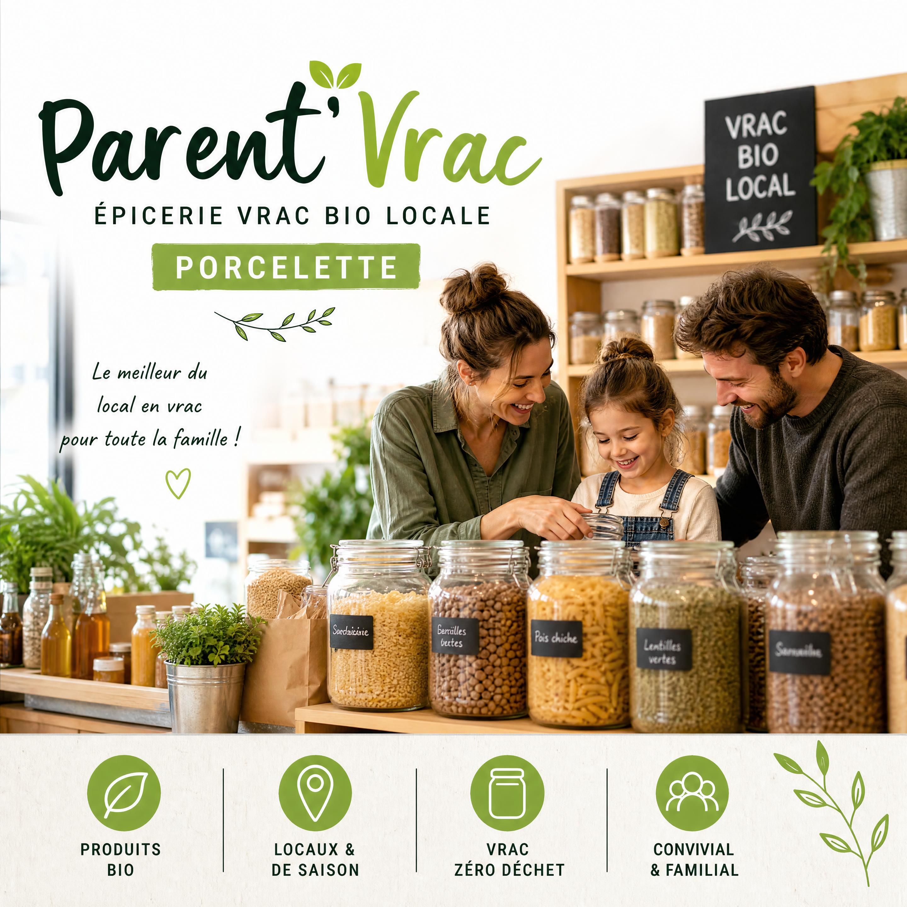 Épicerie vrac bio locale Parent'Vrac à Porcelette avec bocaux en verre, produits locaux et ambiance familiale