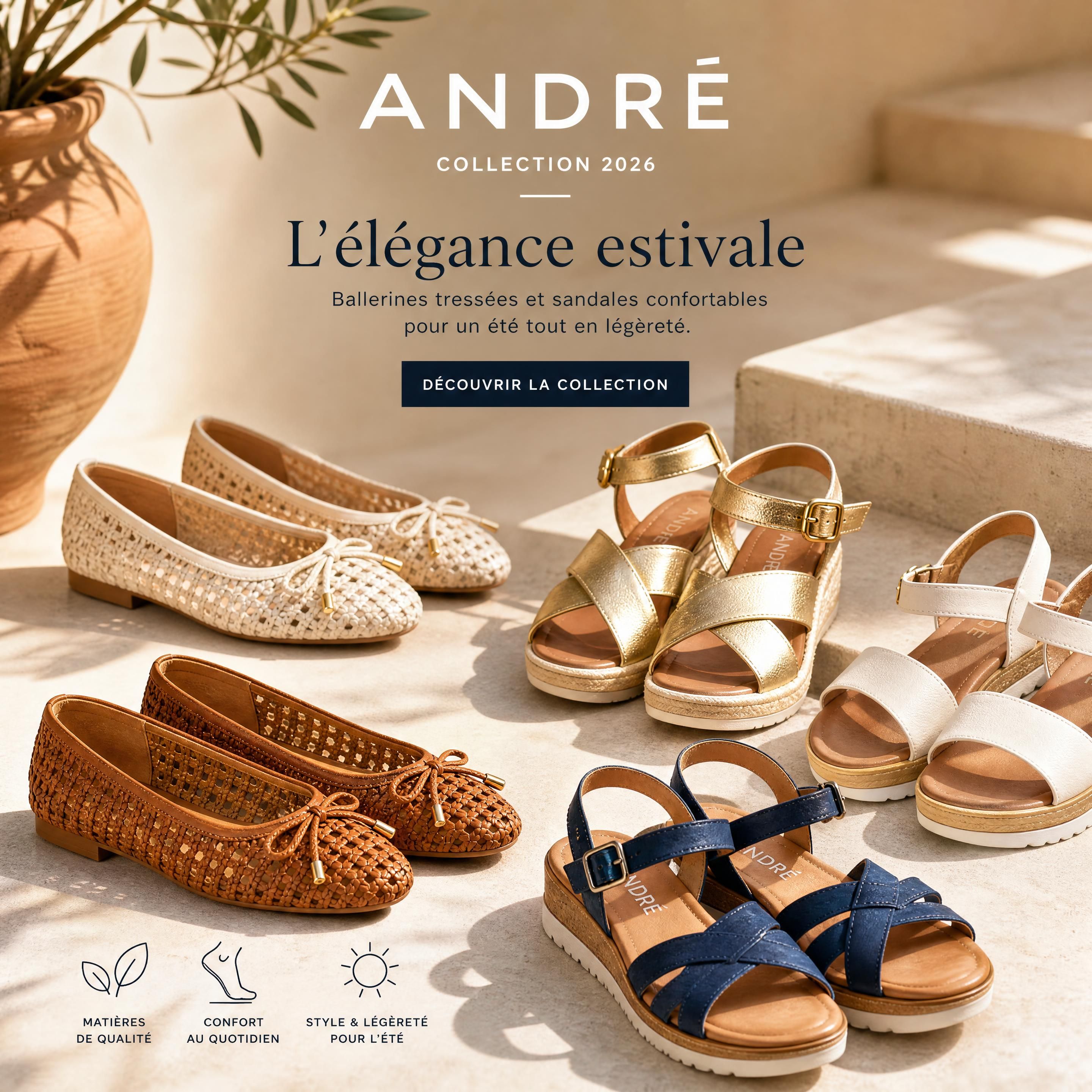 Une sélection élégante de chaussures d'été de la collection André 2026, mettant en avant des ballerines tressées et des sandales confortables sous une lumière estivale chaleureuse
