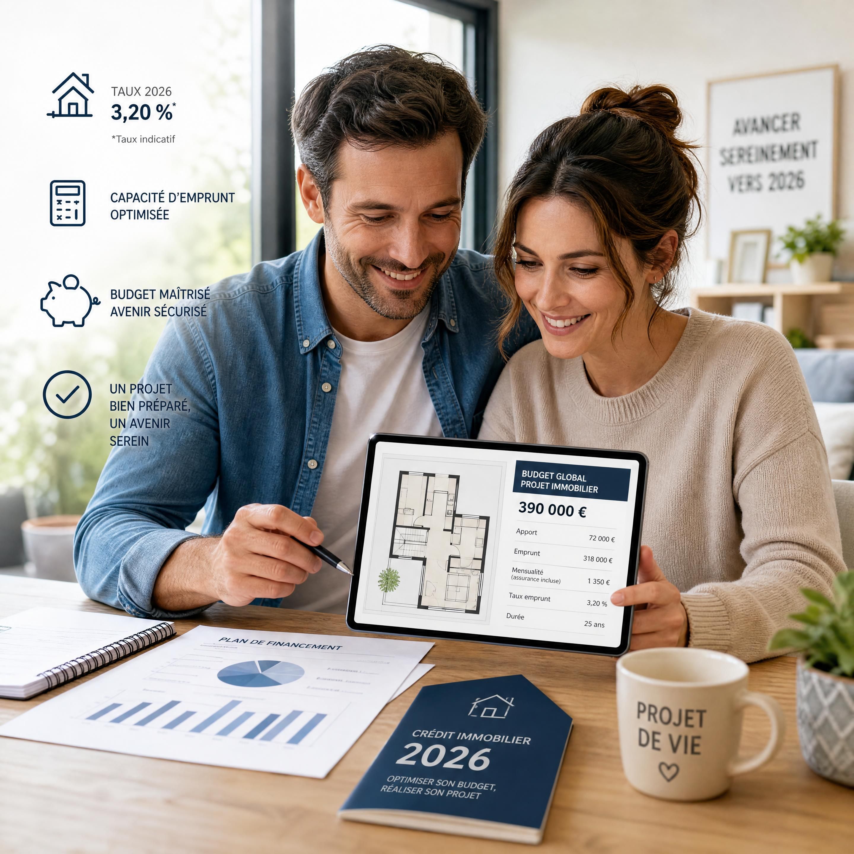 Un couple d'emprunteurs souriants analysant des documents financiers et un plan de maison sur une tablette numérique, illustrant l'optimisation budgétaire d'un projet de crédit immobilier en 2026.