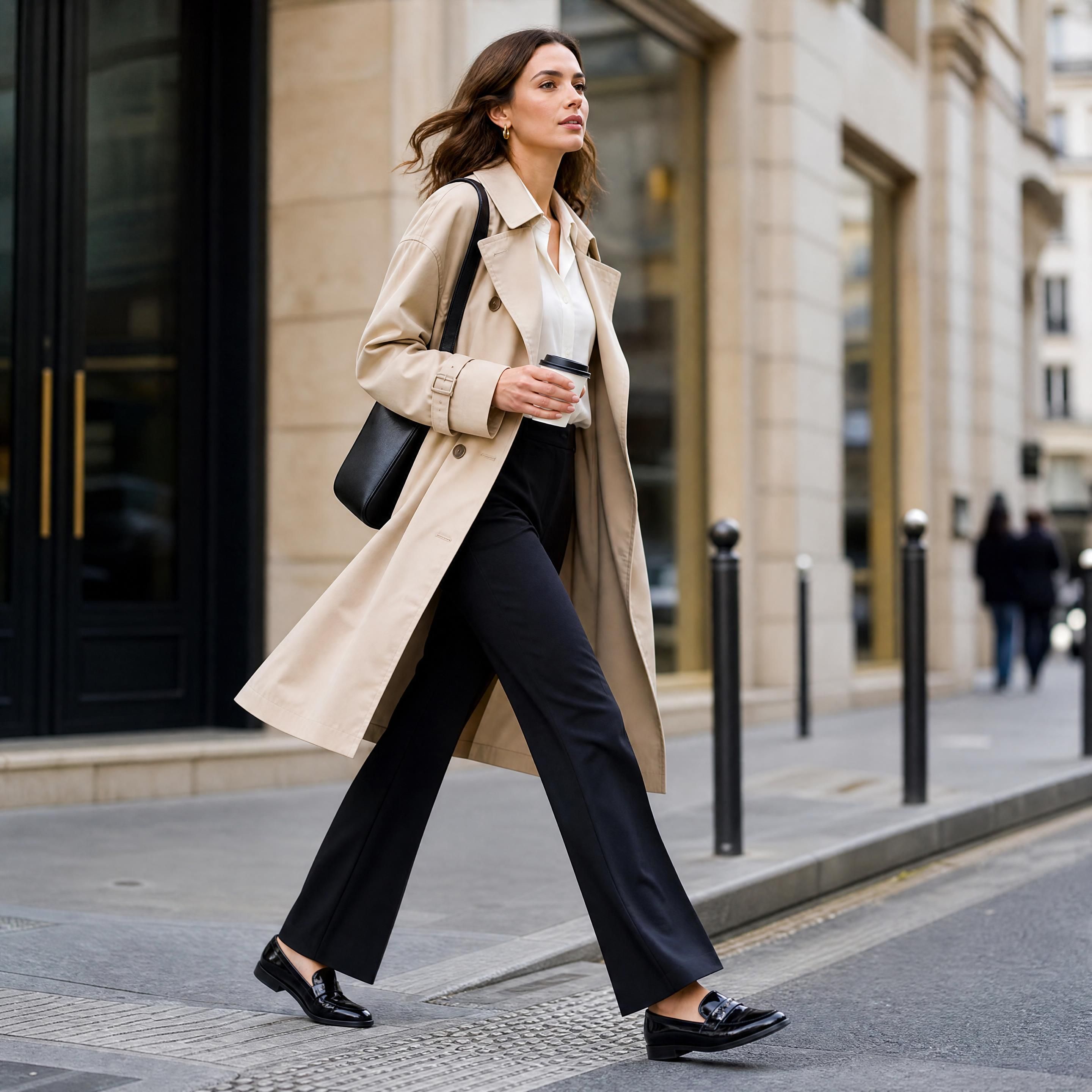 Une femme urbaine active marchant d'un pas décidé dans la rue, portant des mocassins en cuir noir verni élégants, un pantalon de tailleur fluide et un trench-coat beige