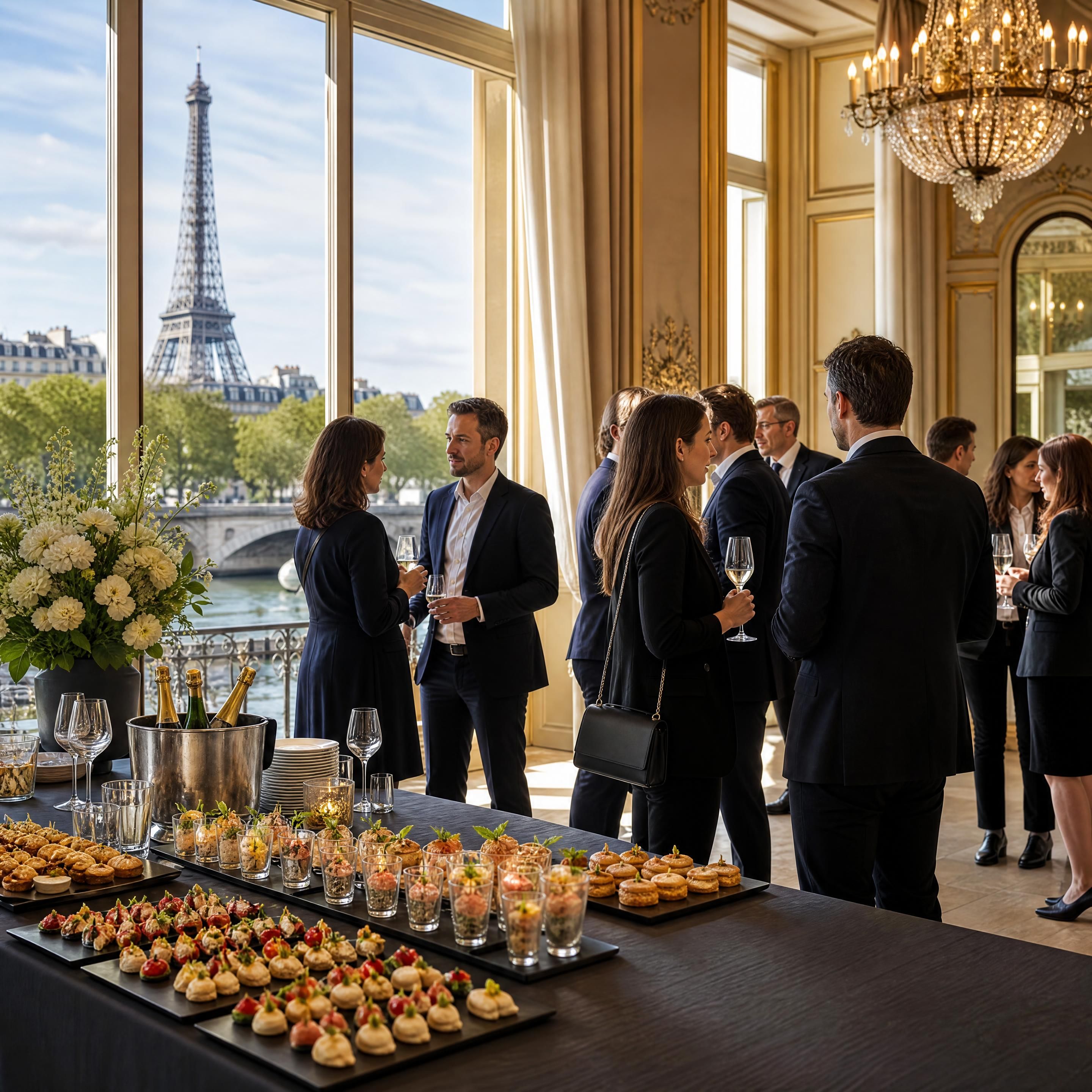 Un cocktail d'entreprise élégant organisé dans une salle de prestige à Paris avec vue sur la Seine, mettant en valeur un buffet traiteur raffiné et des échanges professionnels