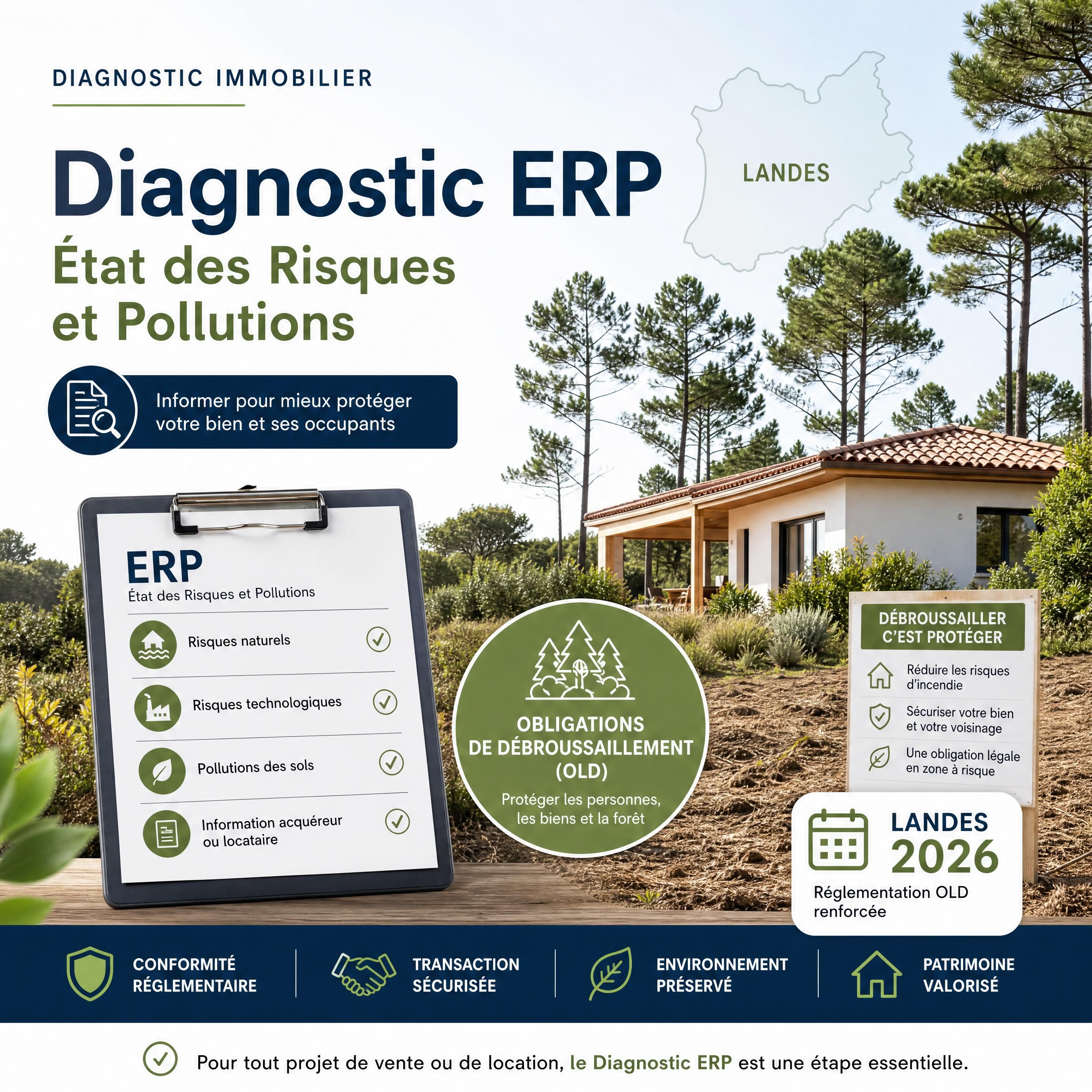 Diagnostic ERP etat des risques et pollutions mentionnant les obligations de debroussaillement OLD Landes 2026
